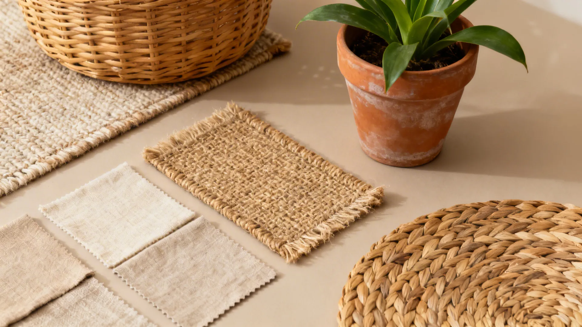 Flatlay of rattan basket, jute rug sample, terracotta pot and fabric swatches showing natural textures.