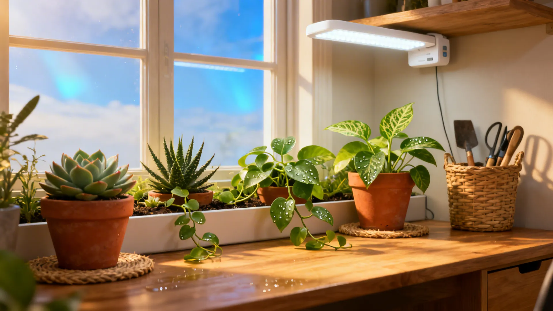 Small desk with succulents and a trailing pothos in matching pots providing green accents.