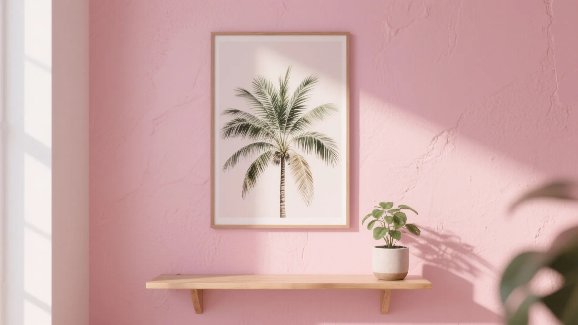 Millennial pink wall with oversized botanical art and simple natural decor.
