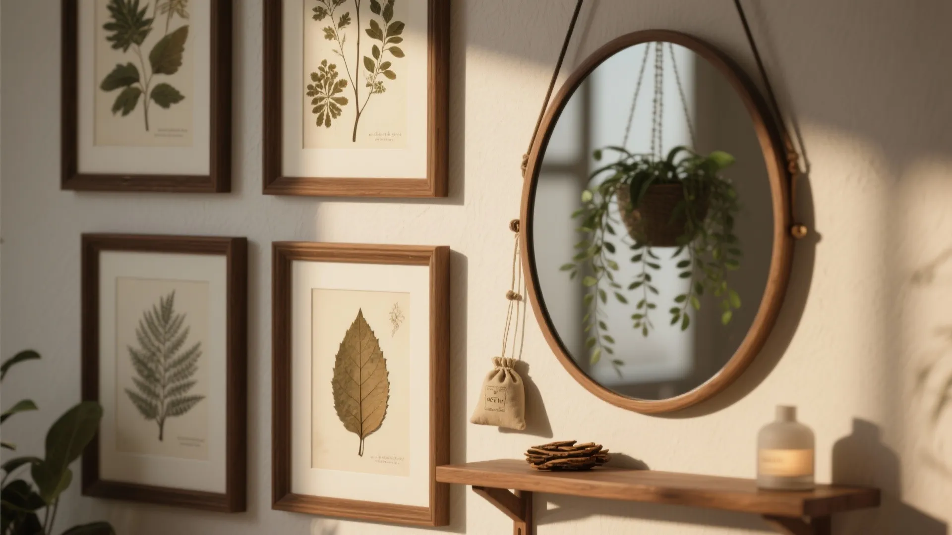 Cluster of framed botanical prints with a mirror reflecting a hanging plant and a cedar sachet on a shelf.