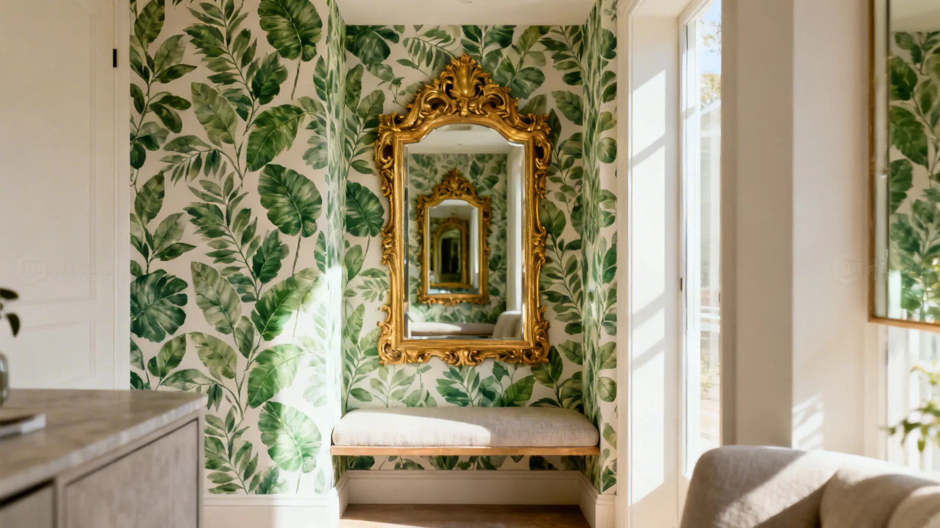 Small seating nook with botanical wallpaper and gilt mirror reflecting the room