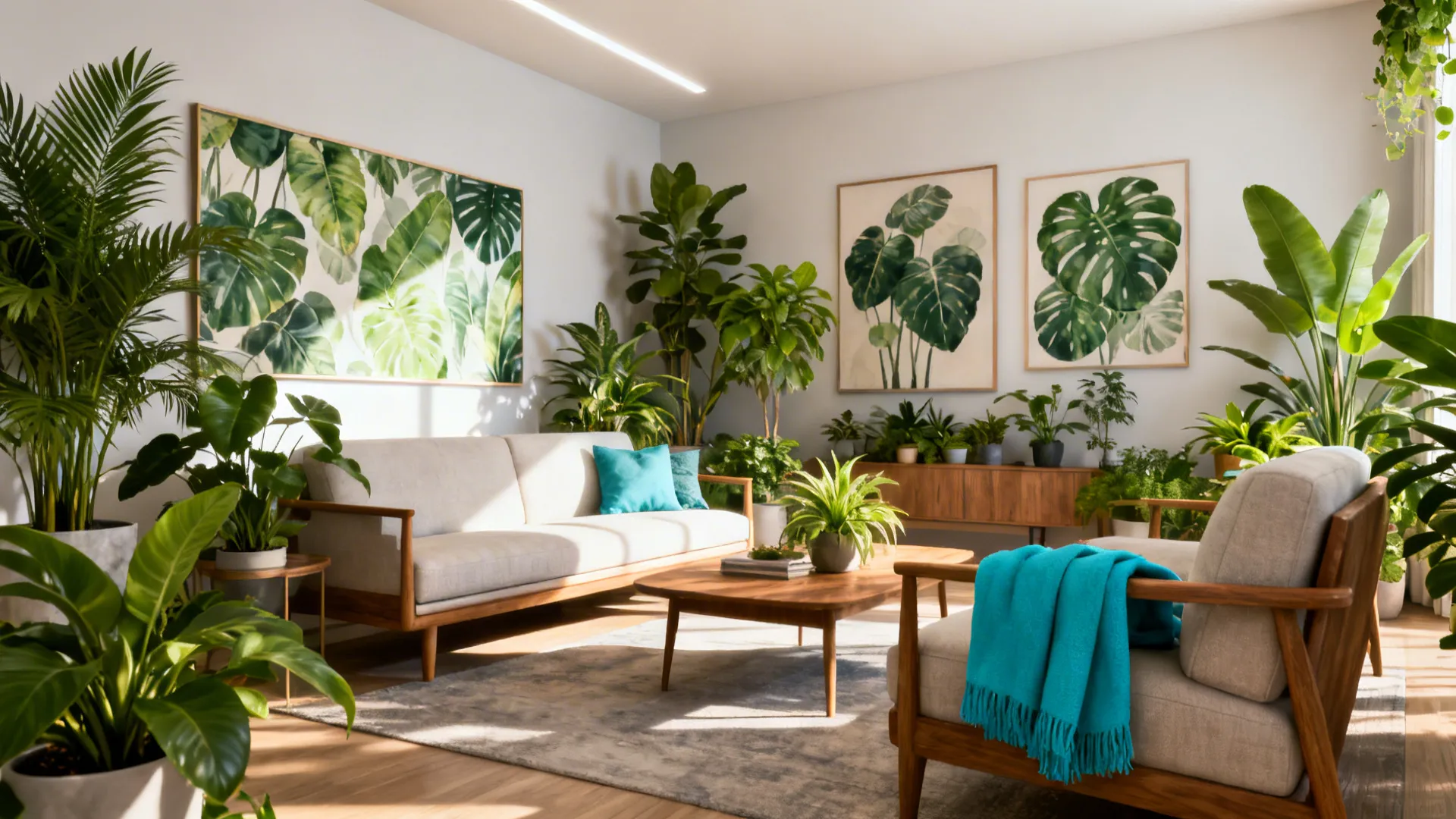 Contemporary living room filled with plants, botanical prints and cerulean accents