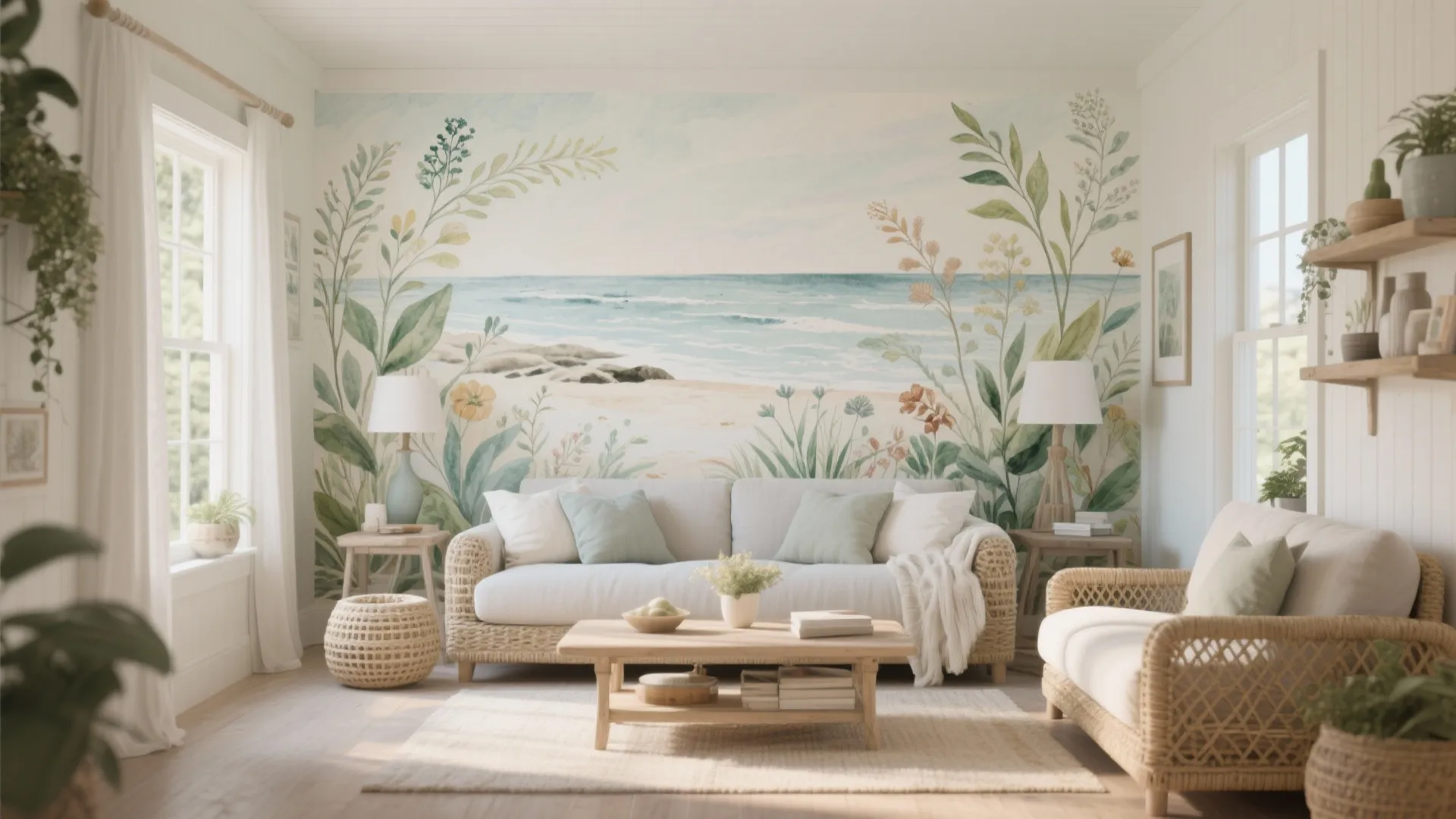 Coastal living room with beach wall mural, wicker furniture, wooden coffee table, and bright window