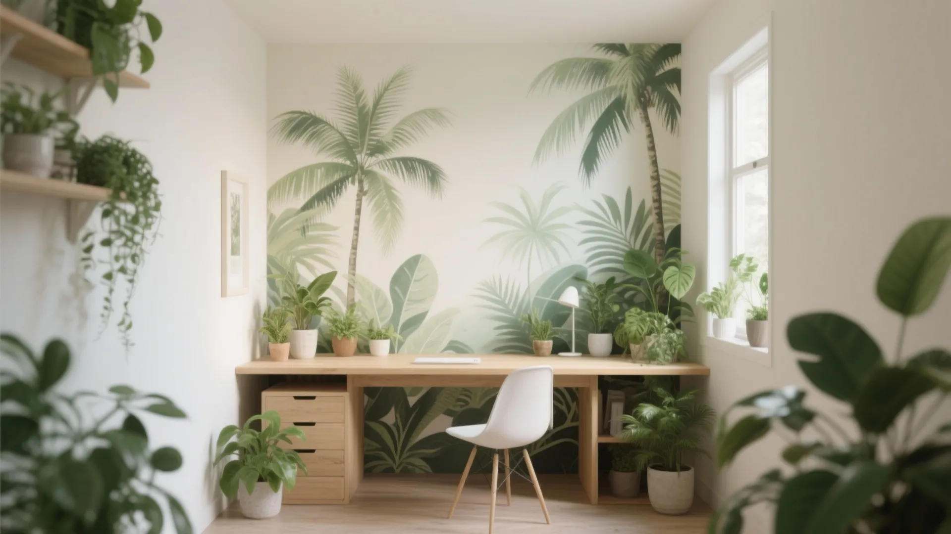 Windowless office nook with a soft palm mural and layered plants to create depth and a calming workspace.