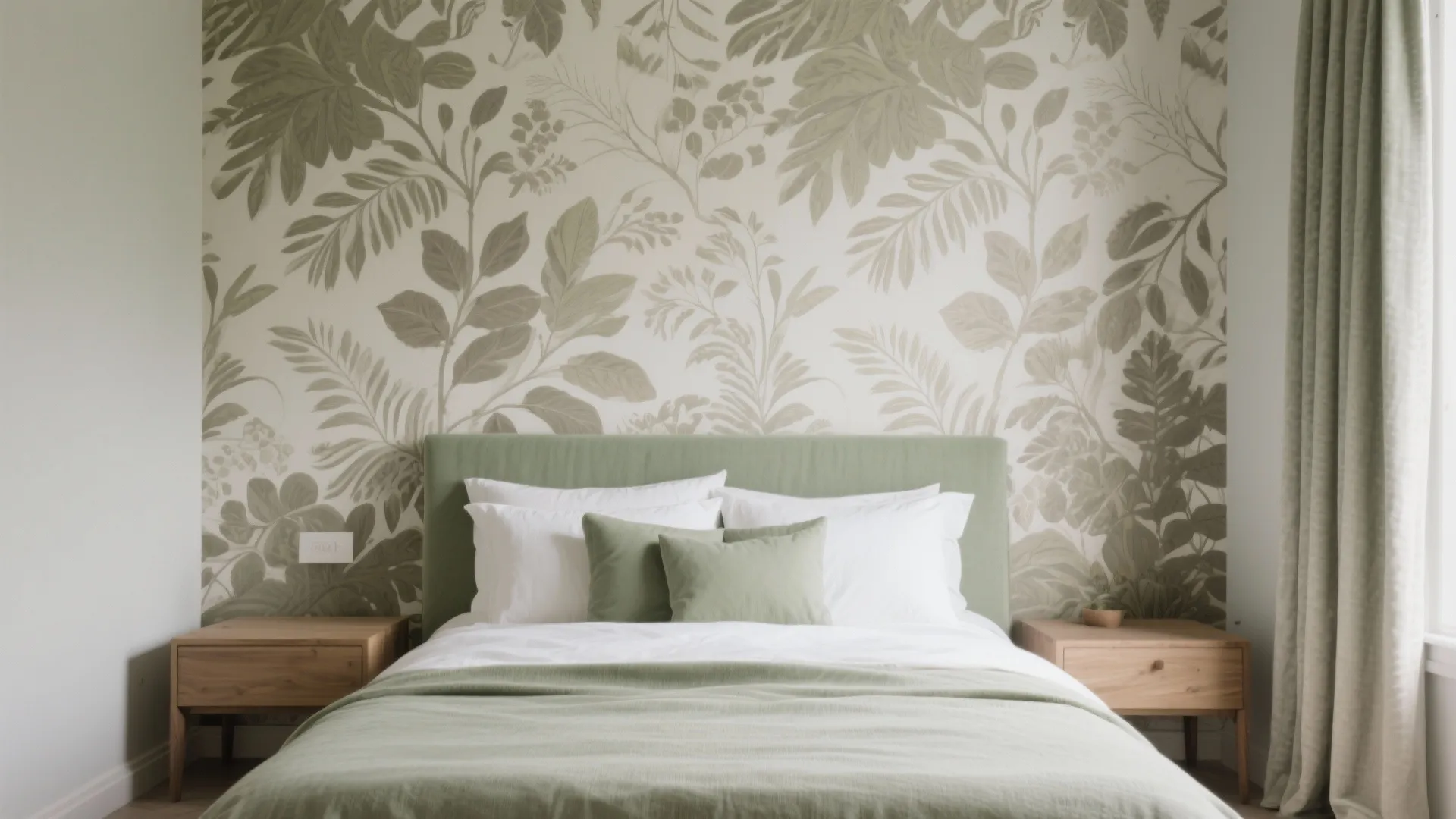 Bedroom with green leaf pattern wallpaper behind a bed with light green bedding and curtains