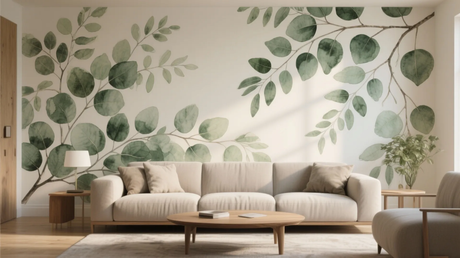 Modern living room featuring a large green leaf wall mural behind a comfortable beige sofa