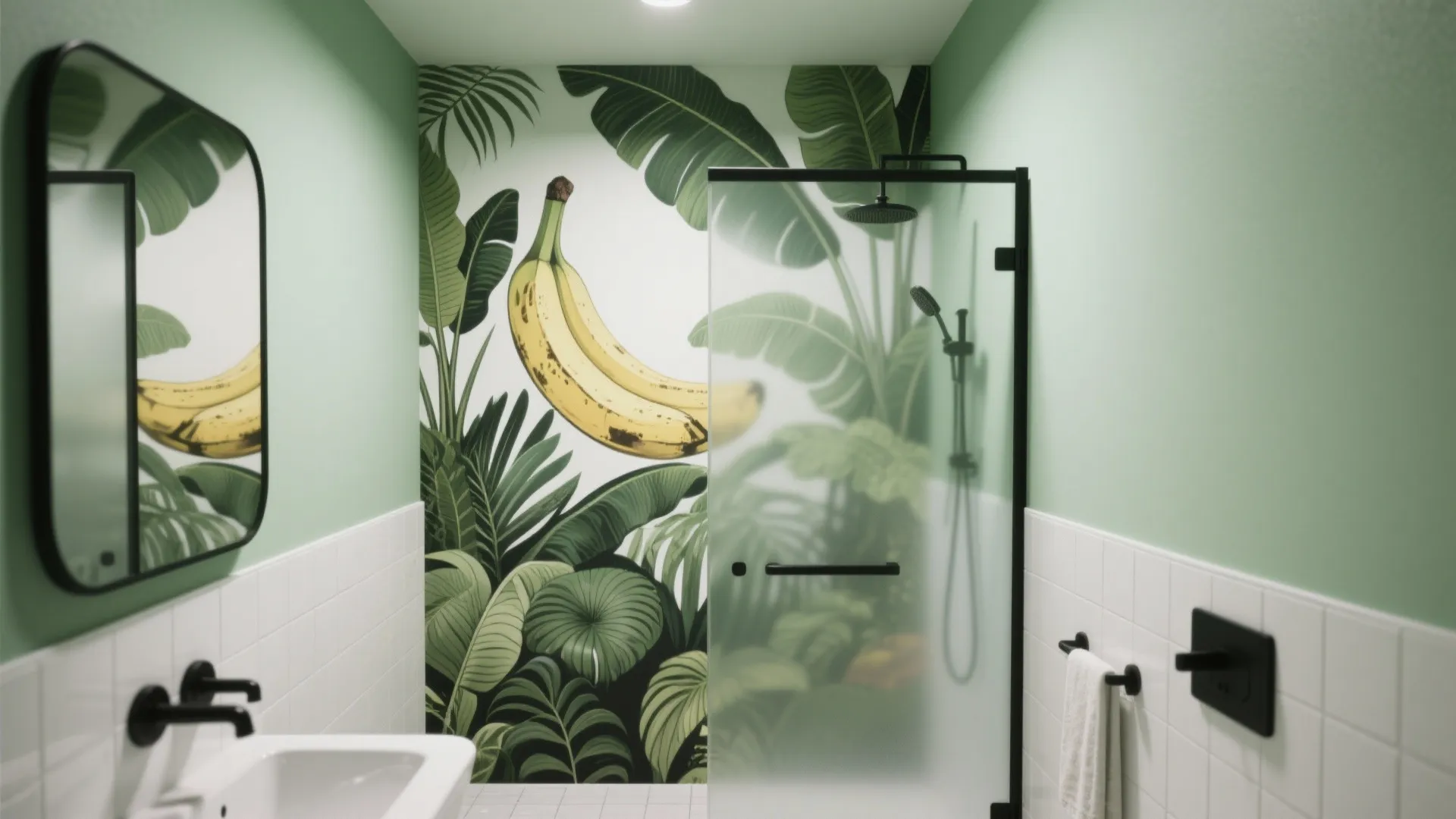Green bathroom with black shower frame and wall mural featuring large tropical green banana leaves