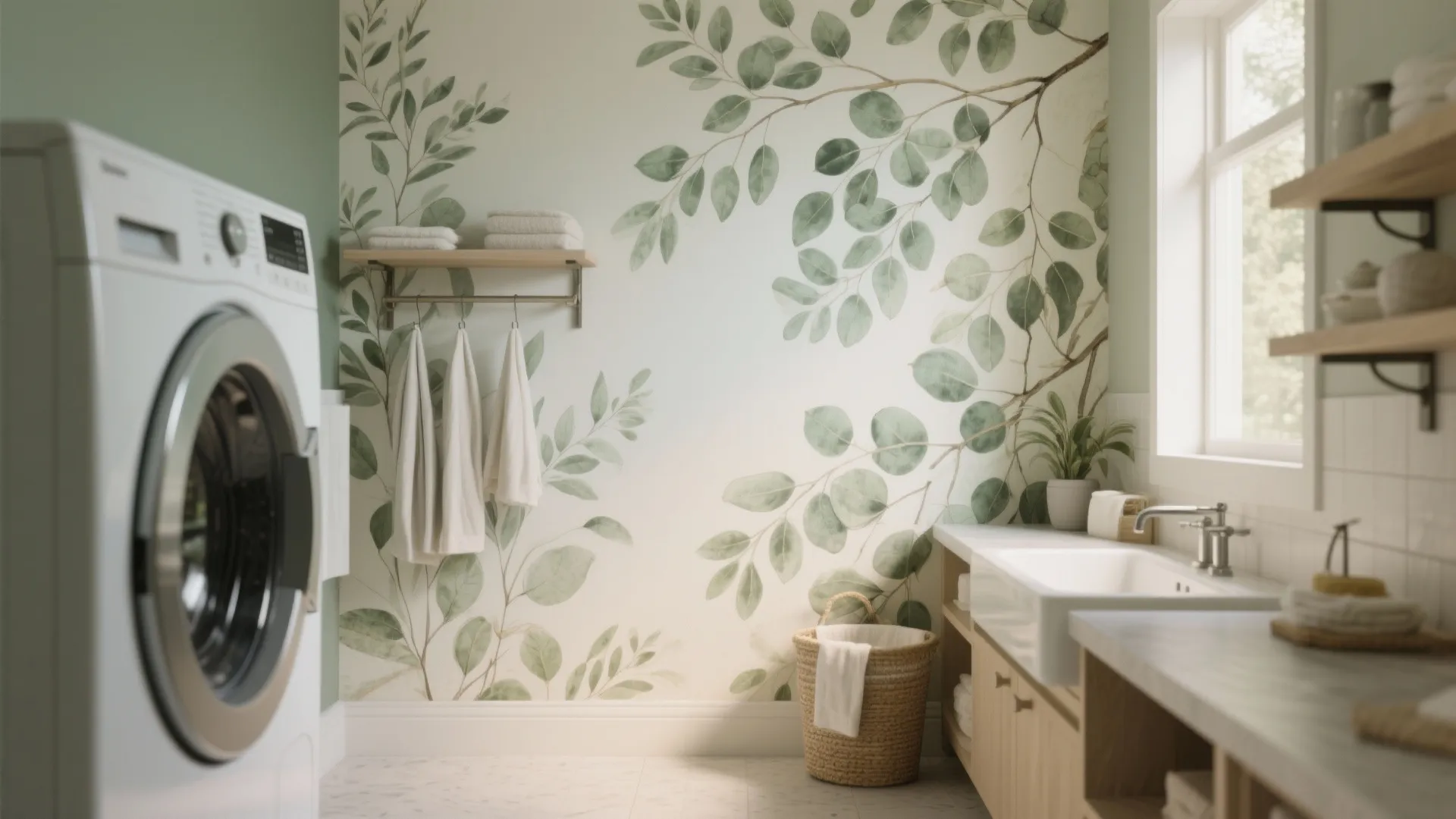 Laundry room with botanical leaf wall mural featuring a white washing machine and wooden sink