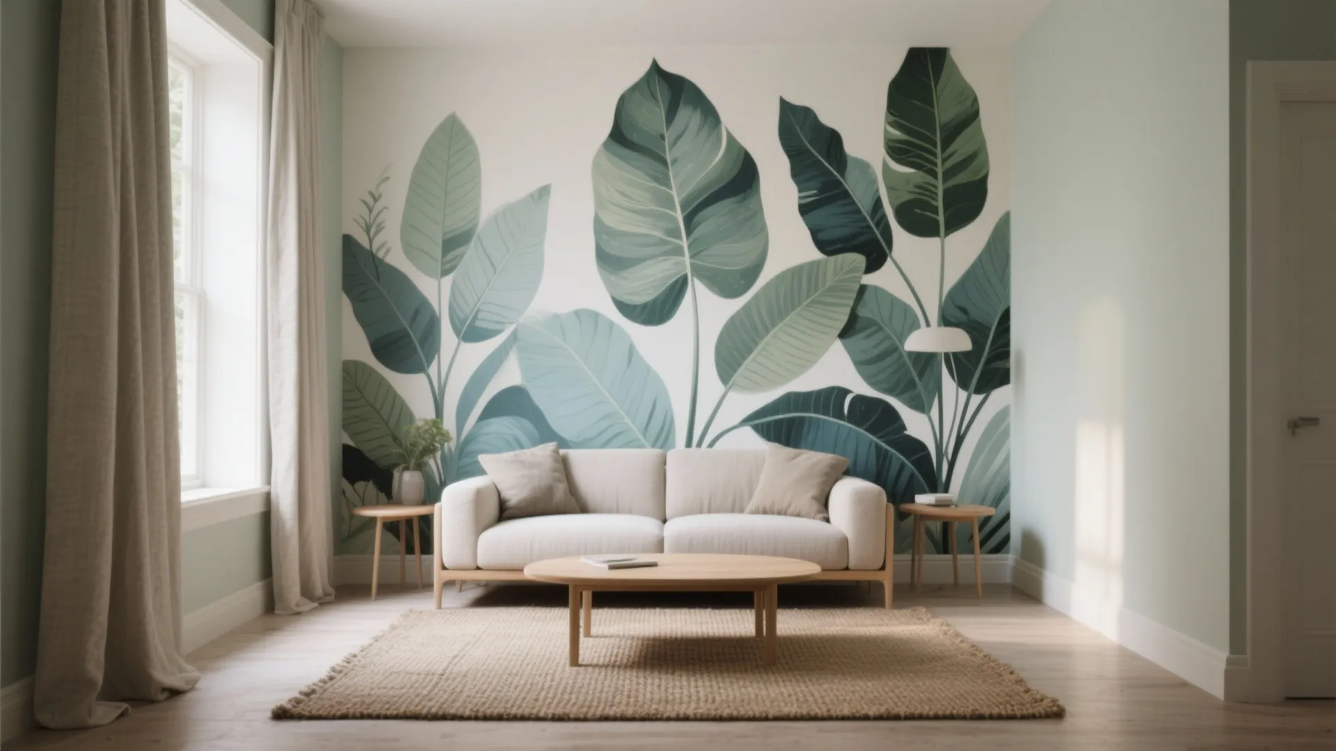 Living room with white sofa and large green leaf wall mural behind wooden coffee table rug