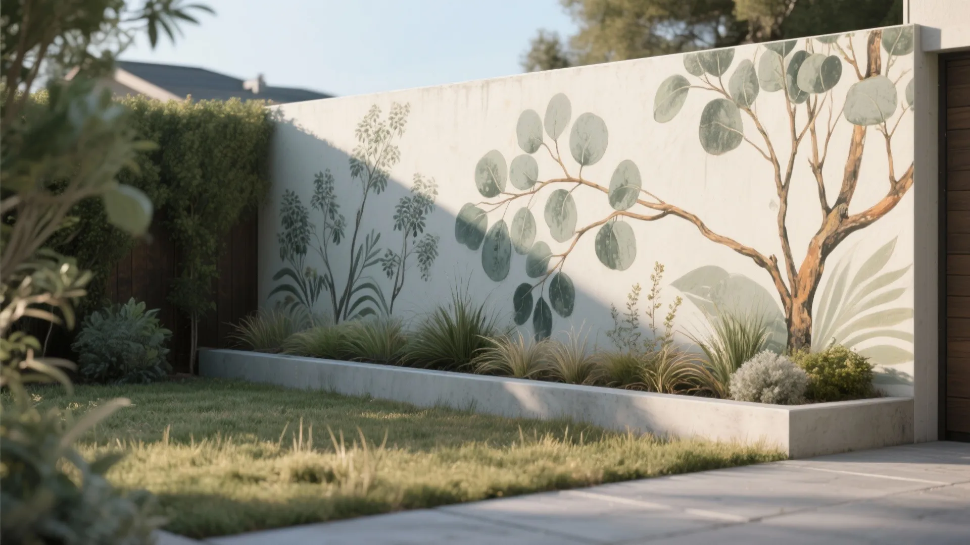Modern garden wall featuring a large green leaf mural next to a green grass lawn