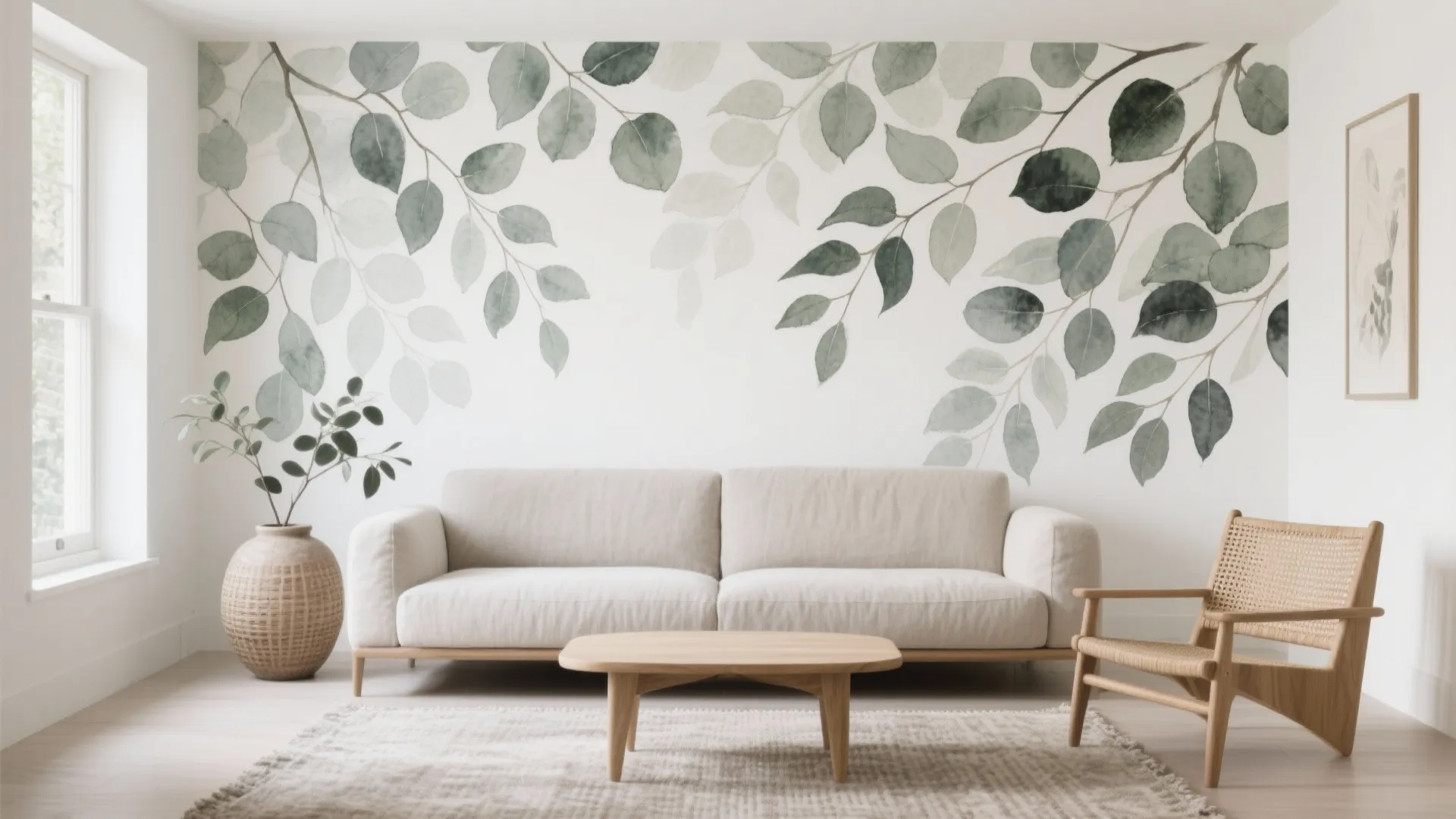 Modern living room with botanical leaf wall mural white sofa wooden table and woven chair