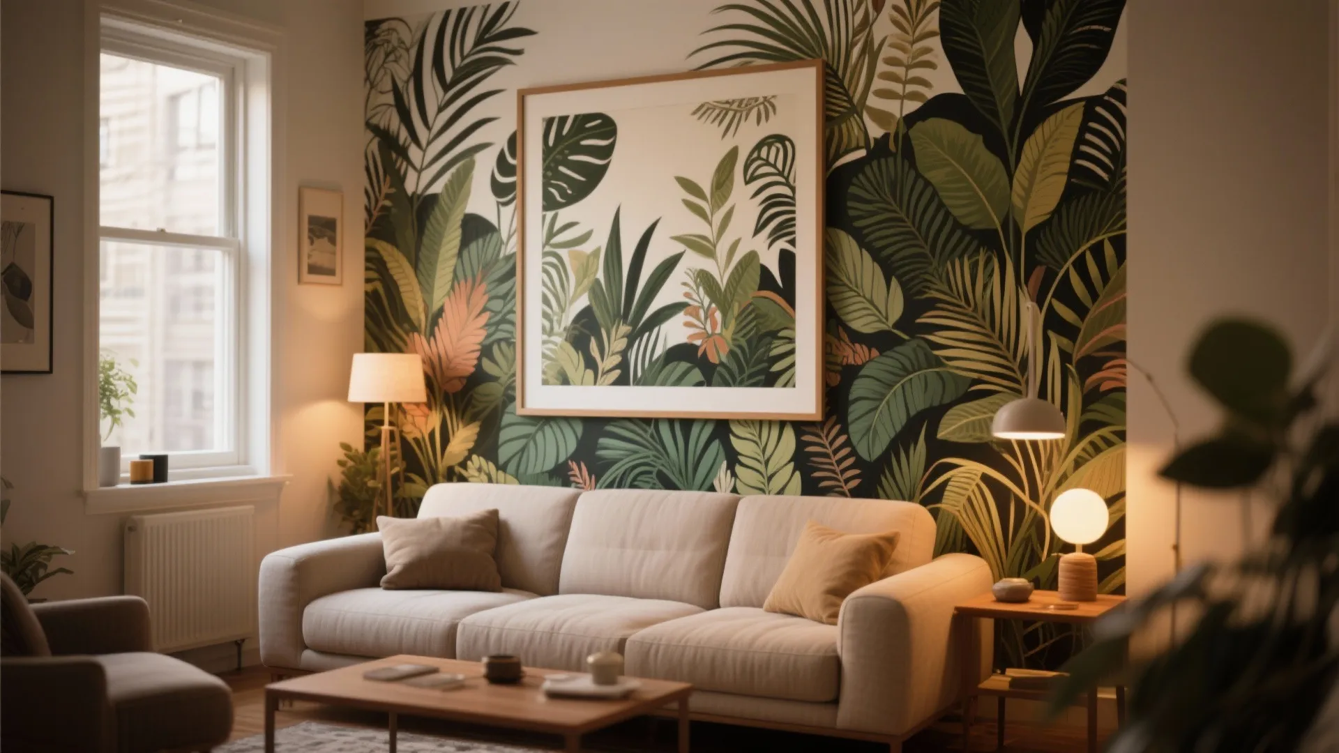 Living room with botanical leaf wall mural white sofa wooden coffee table and warm lighting