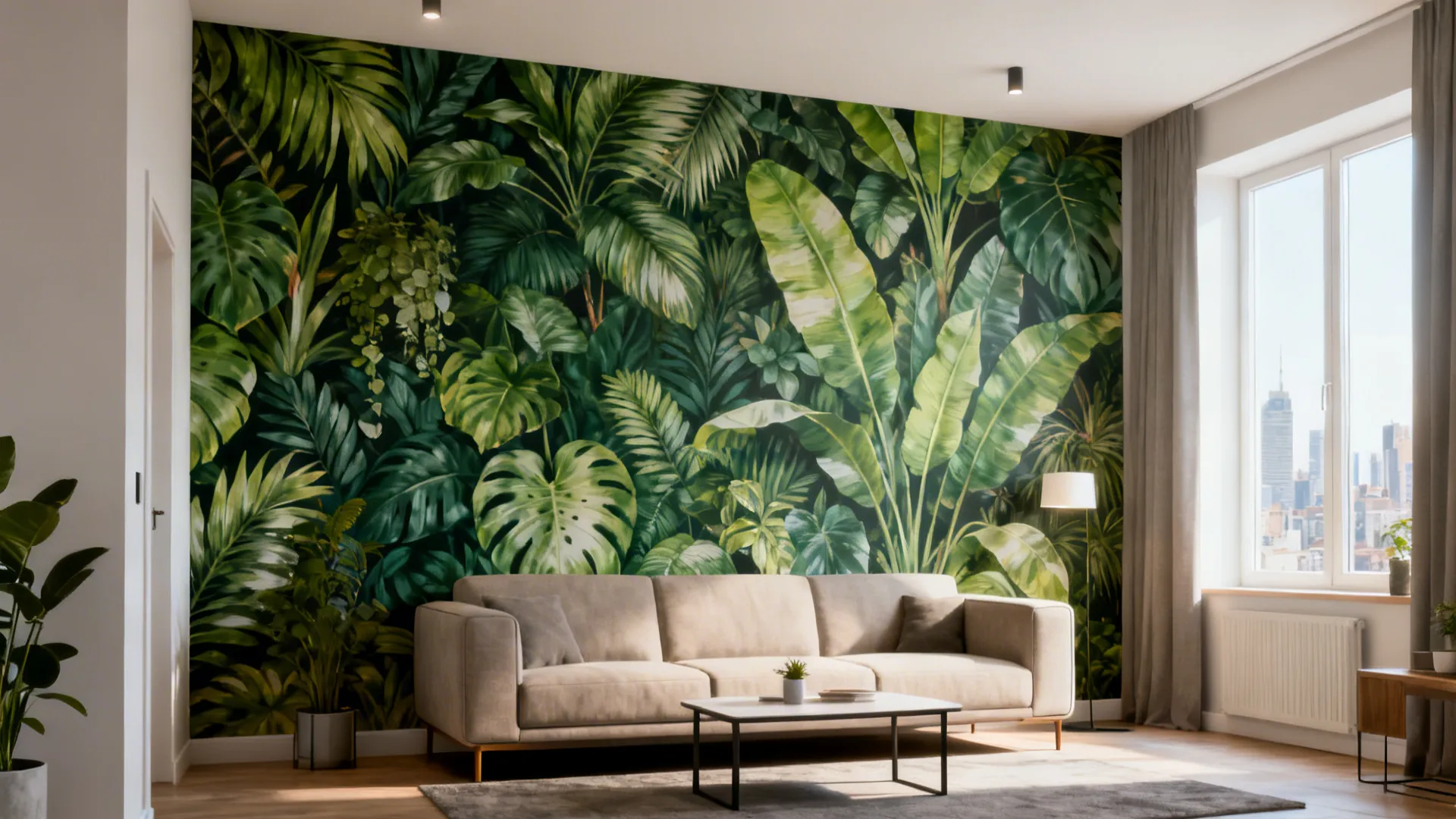Small apartment living room with a large botanical mural that visually expands the space.
