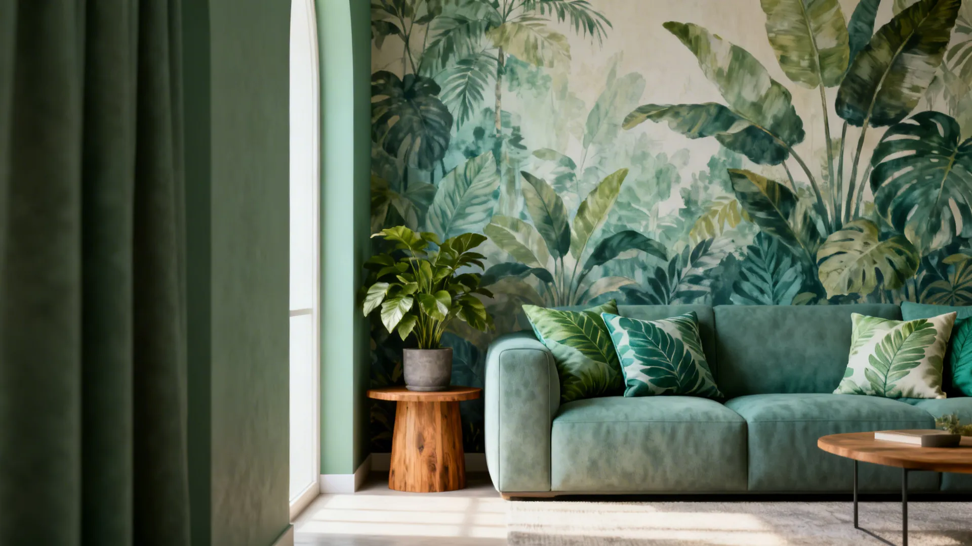 Living room with green sofa floral wall art wooden side table and green leaf pattern pillows