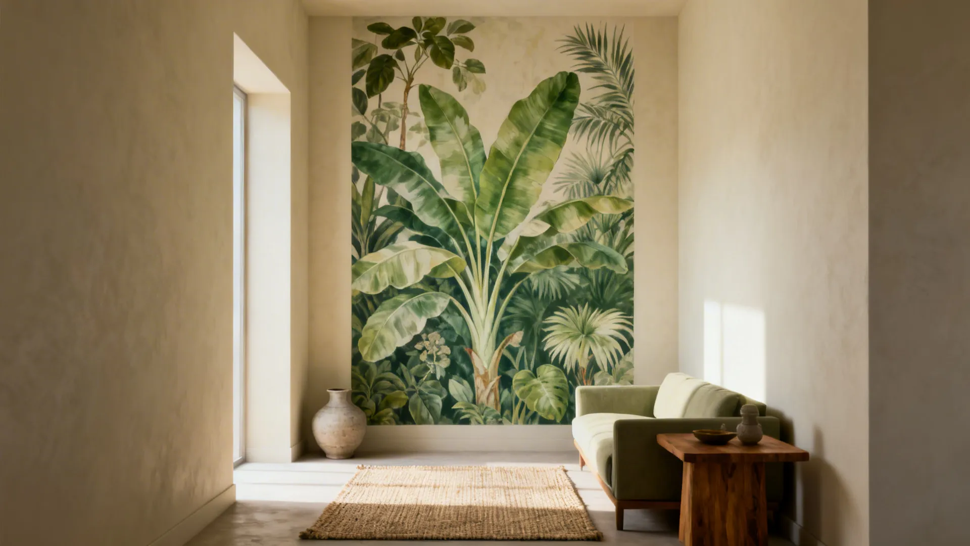 Minimal living area with a large botanical mural as the room's focal point.