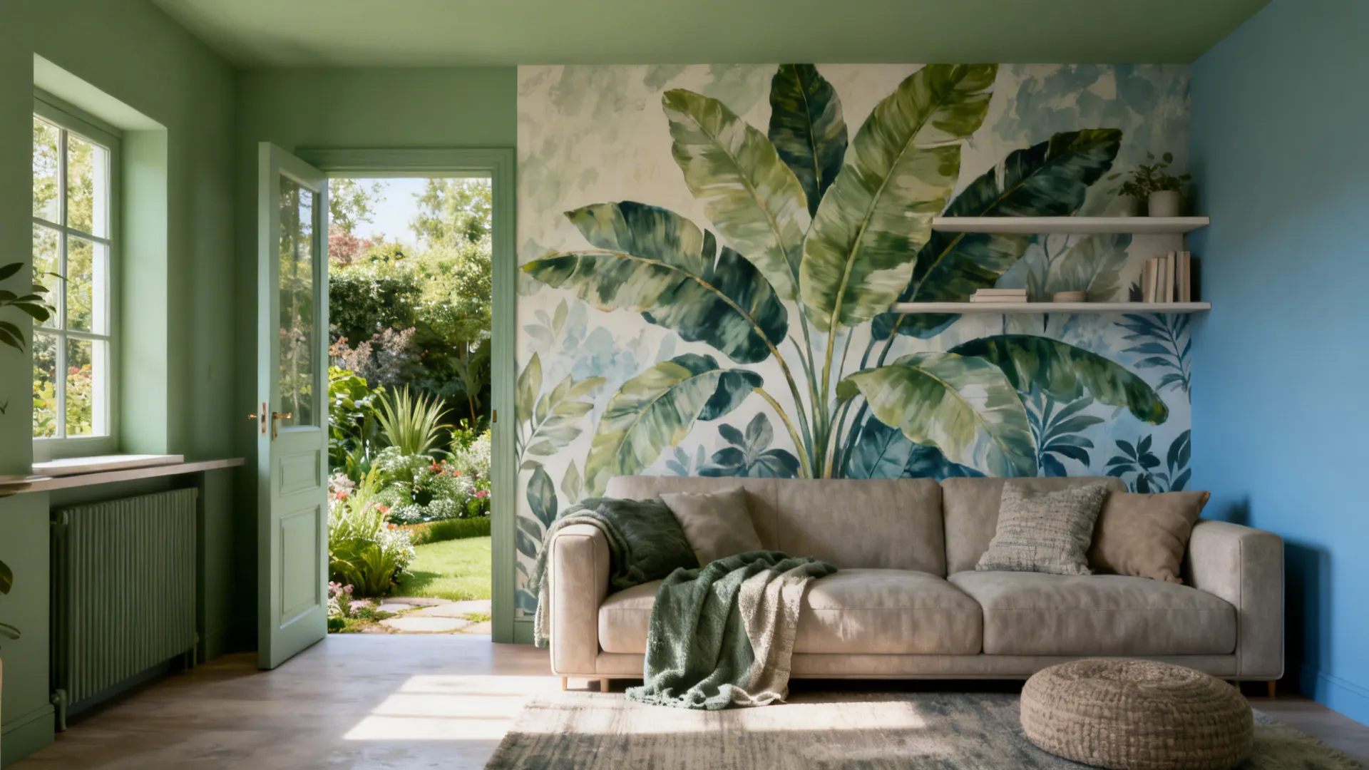 Small living room with a botanical mural accent wall and neutral furnishings