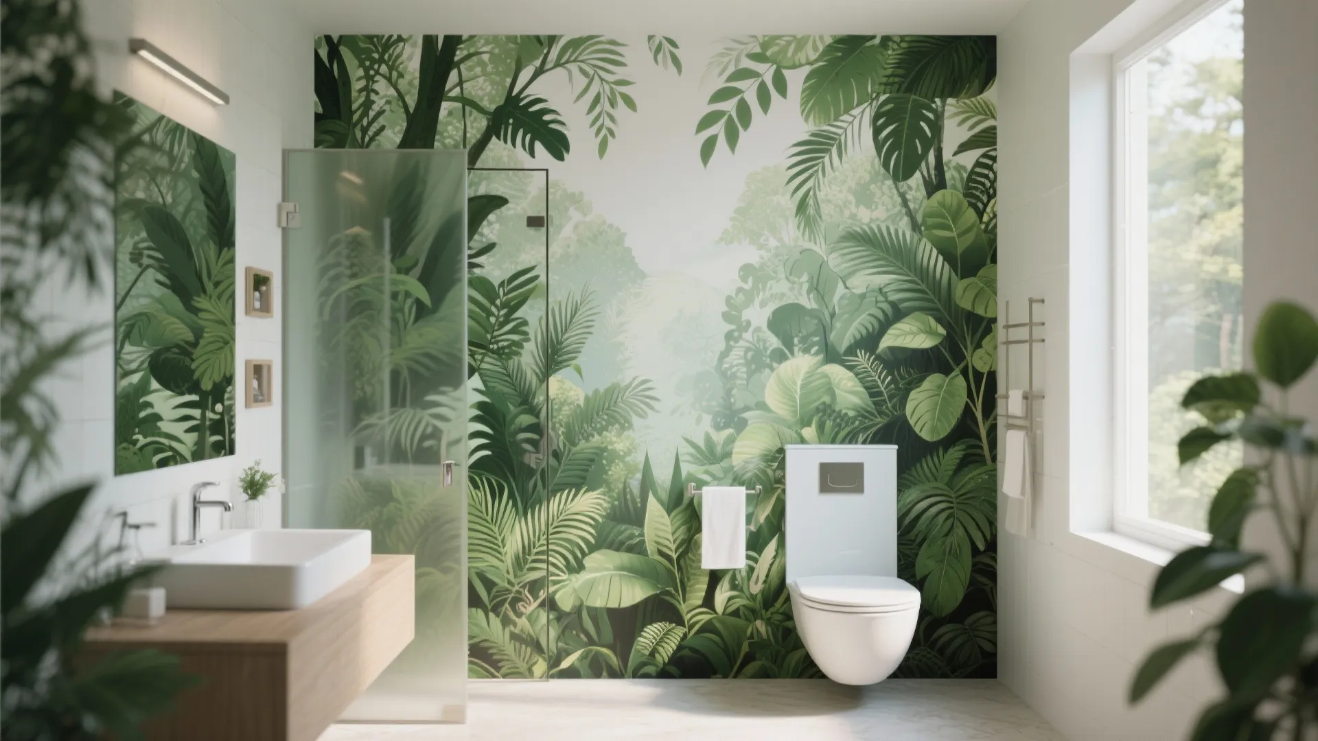 Modern bathroom featuring green tropical leaf wall mural white toilet sink and a wooden vanity