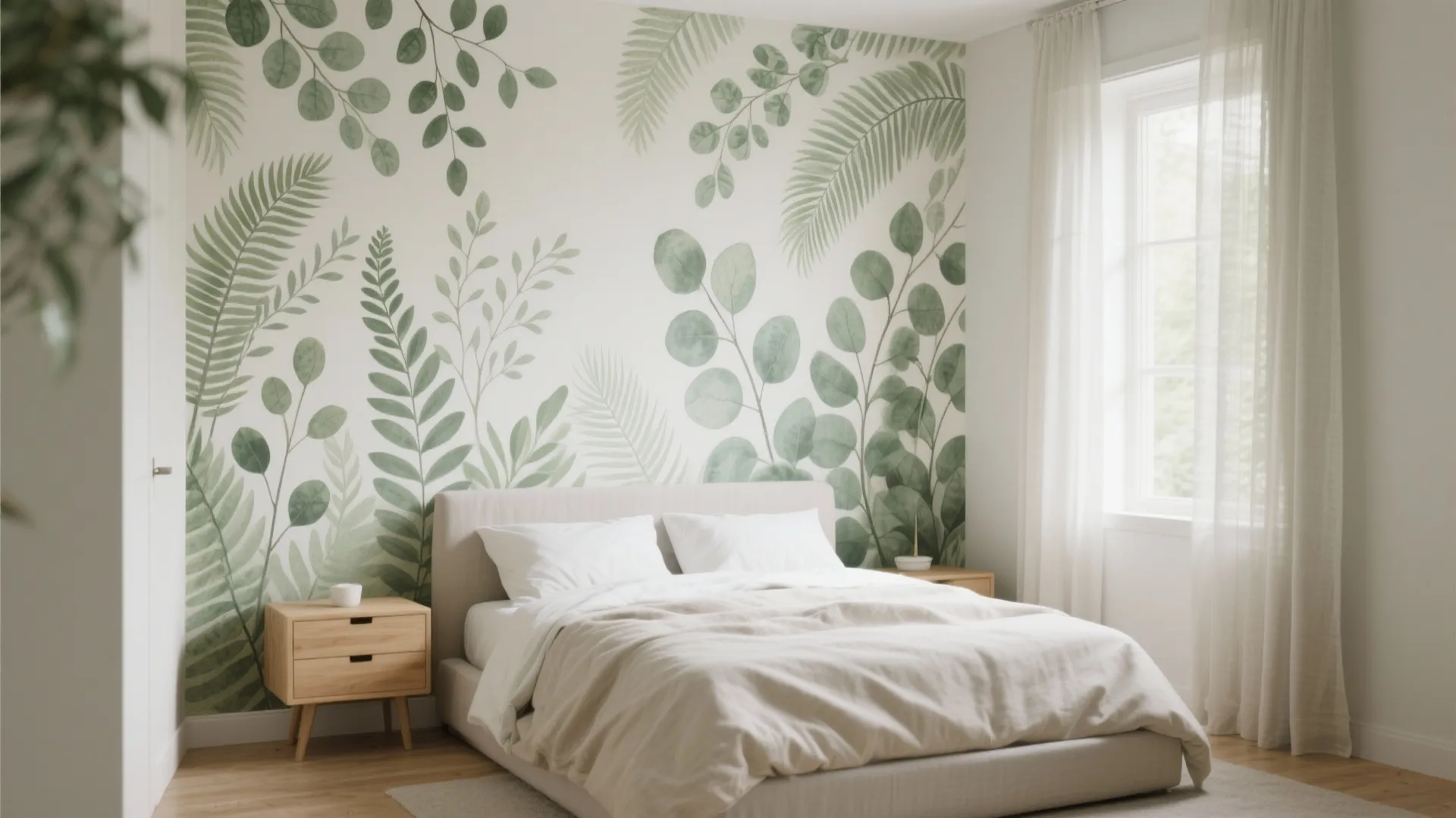 Minimalist bedroom with green leaf wall art white bed sheets wooden side table and window