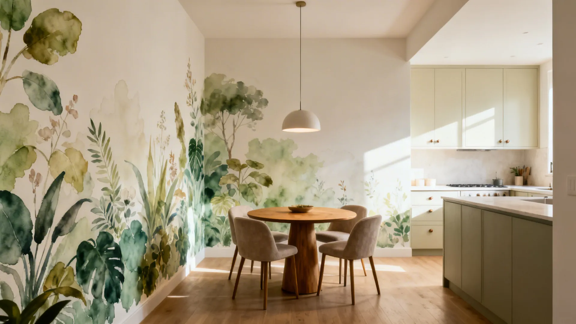 Dining room featuring a round wooden table and botanical wall mural with green plants and trees
