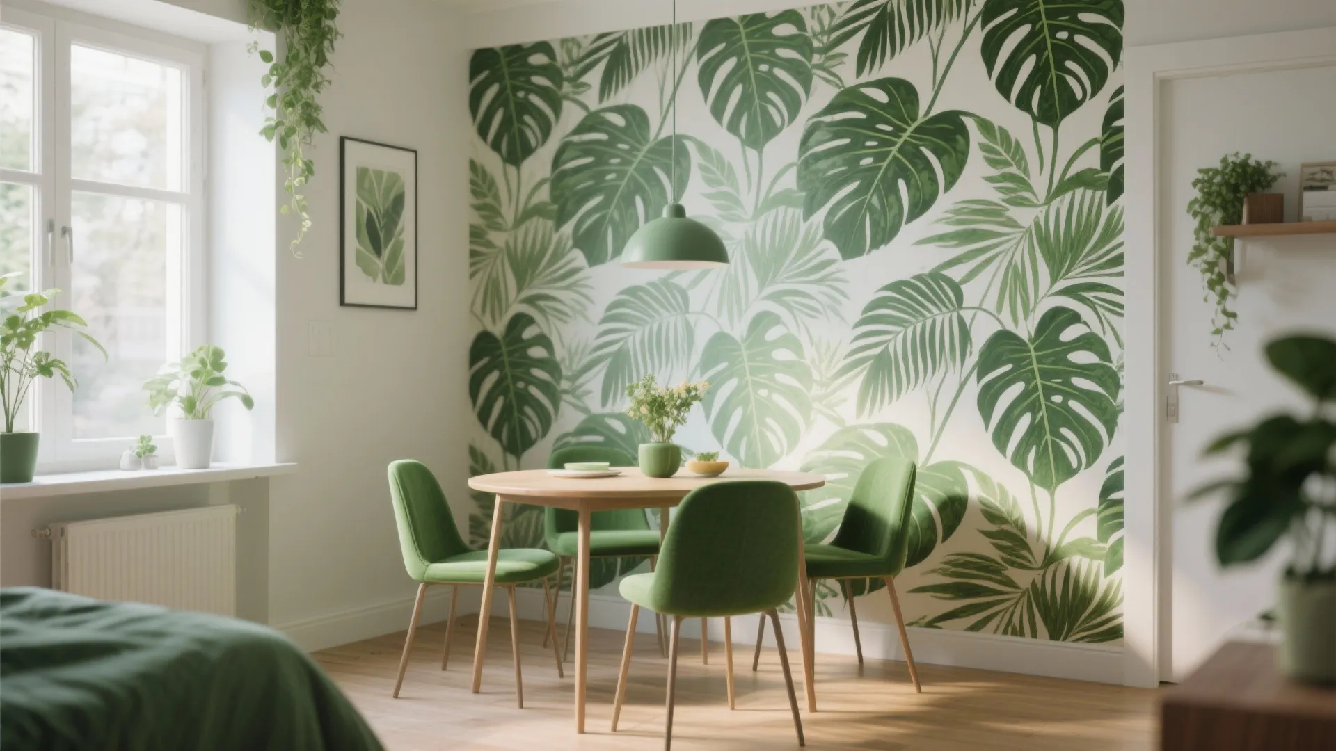 Dining area with wood table and green chairs against a large leaf pattern wall mural