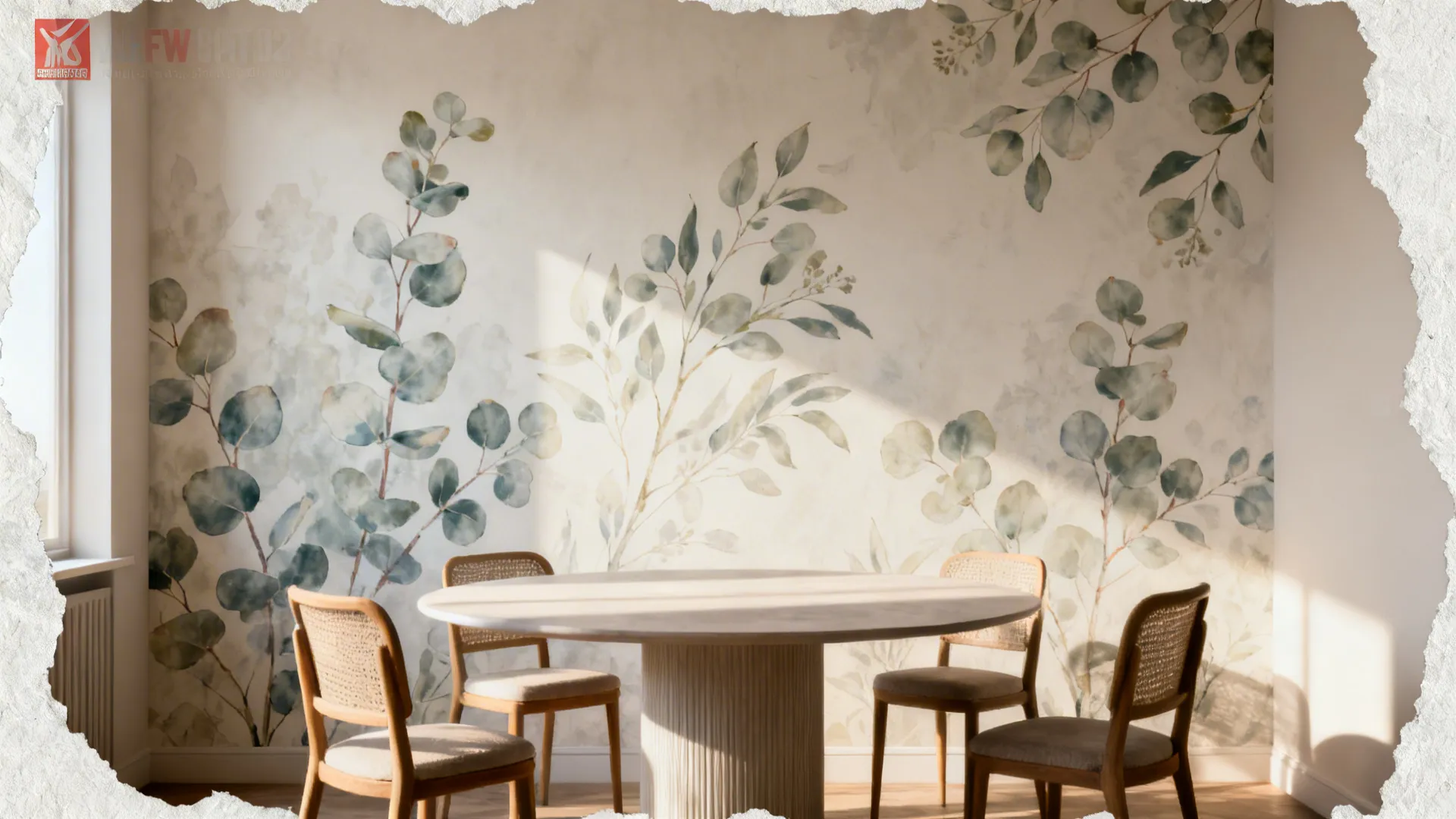 Dining room with a subtle eucalyptus mural creating a park-like feel and visual depth