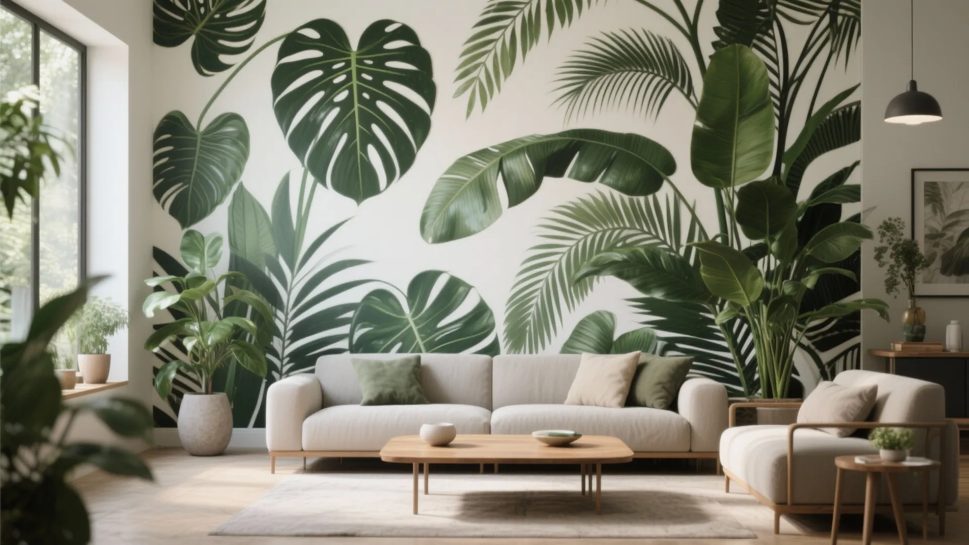 Living room with oversized tropical leaves mural