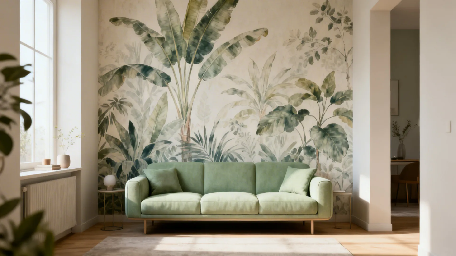 Compact living room with a pale large-scale botanical mural and minimalist furniture