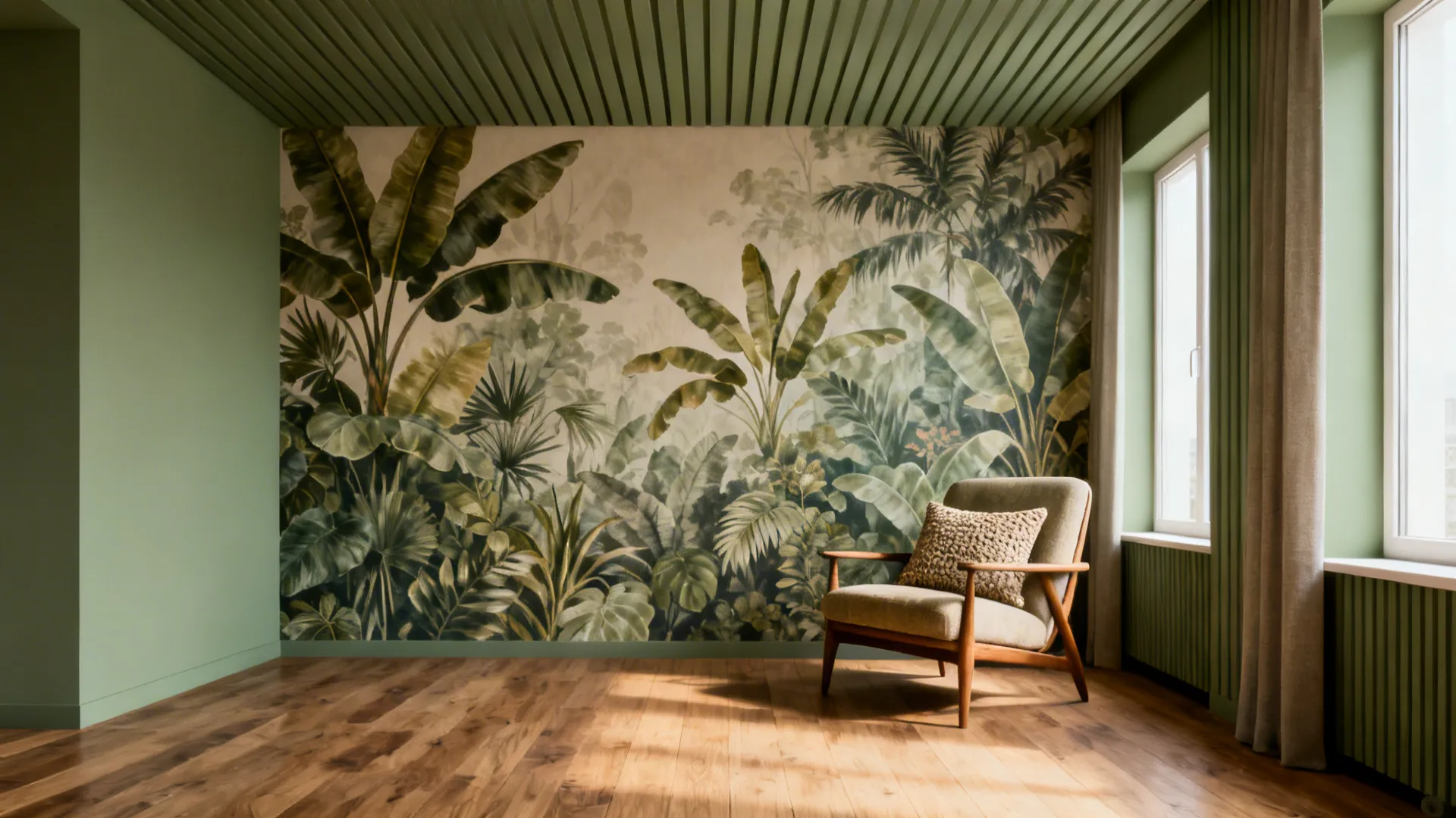 Small living room with an oversized botanical mural that creates depth and a calming atmosphere.