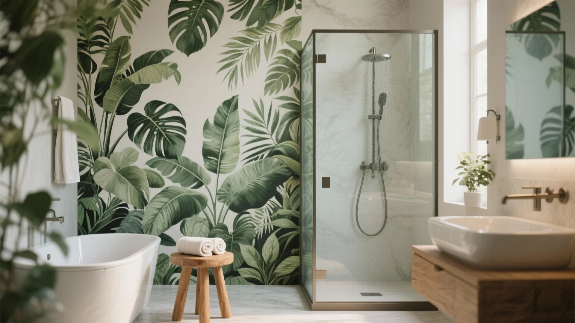 Modern bathroom with tropical leaf wall mural white bathtub glass shower and wooden stool towels