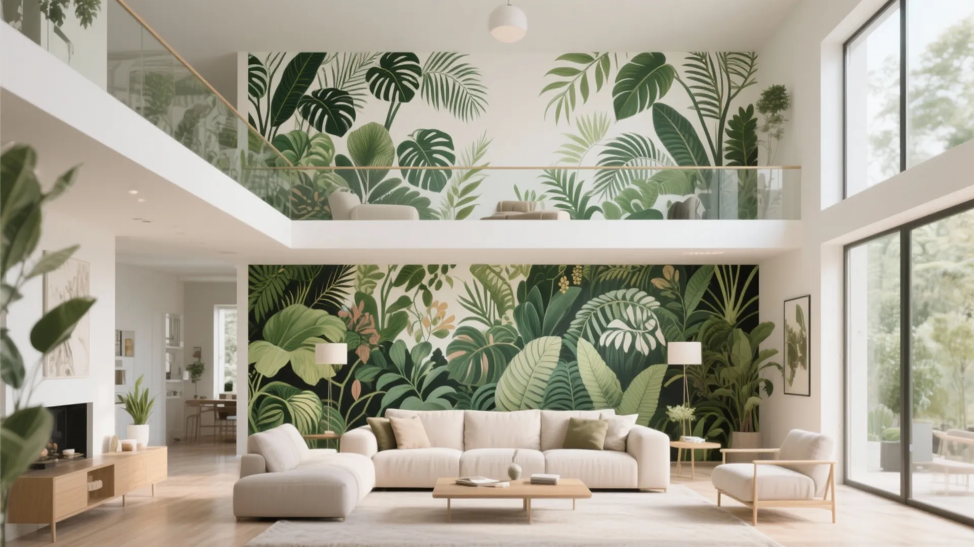Modern open living room with tropical leaf wallpaper cream sofa wooden coffee table and natural light