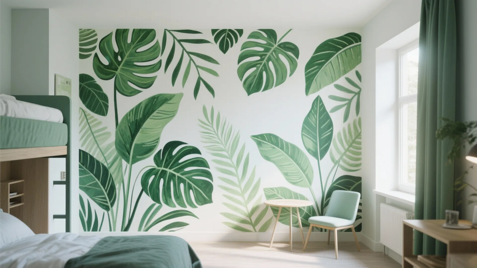 Green bedroom featuring large tropical leaf wall mural small wooden table and light green sitting chair