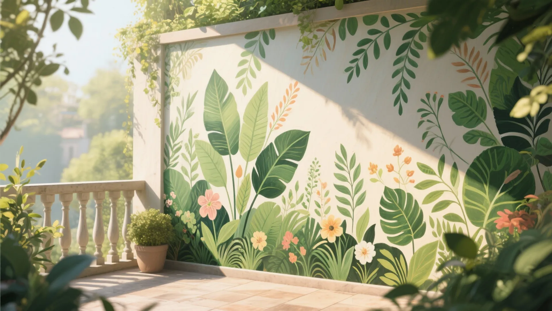 Outdoor balcony with a large wall mural featuring green tropical leaves and colorful blooming garden flowers
