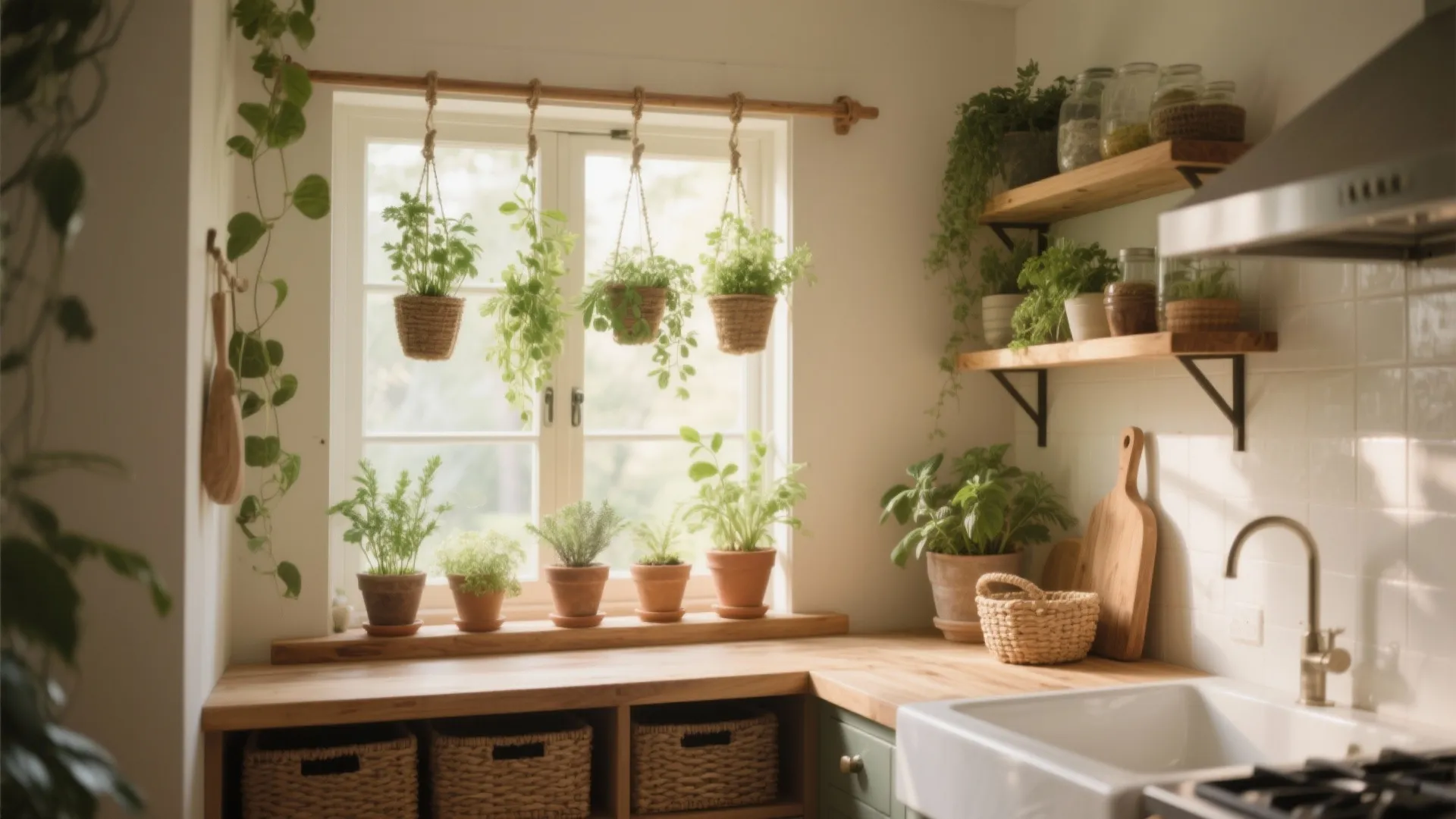 Bright kitchen with many green plants in pots on wooden counter and hanging by window