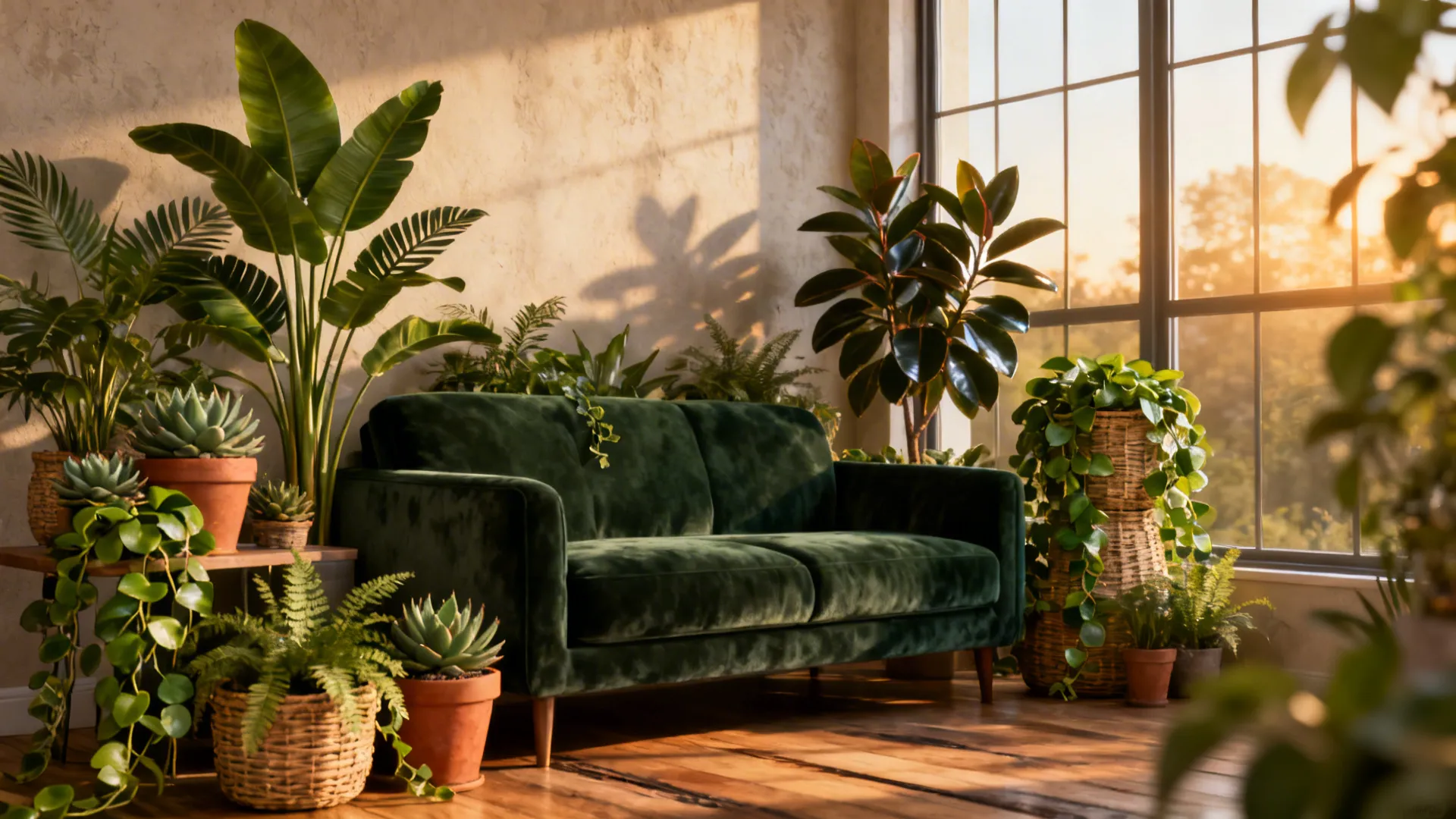 Dark green couch surrounded by layered indoor plants creating a lush reading nook