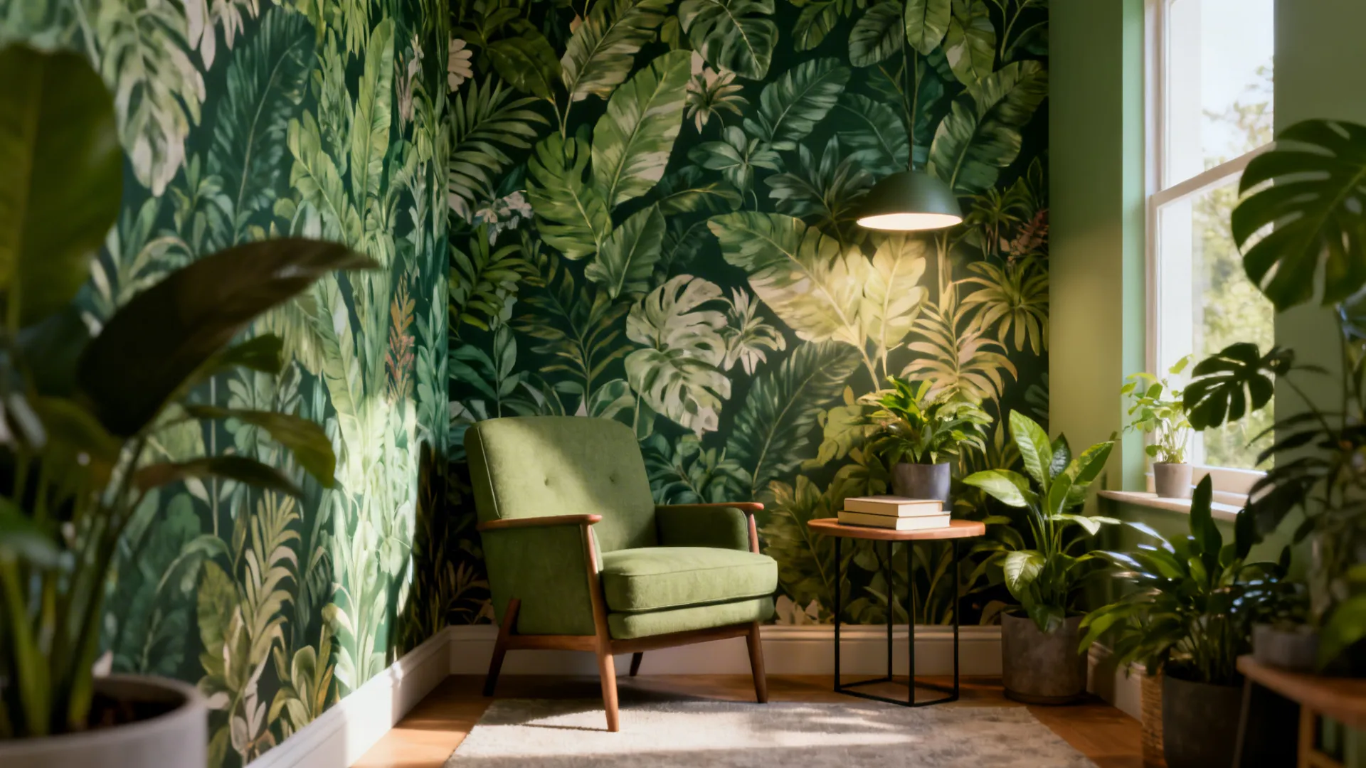 Small reading nook with bold botanical wallpaper, compact armchair and indoor plants creating an indoor garden feel.