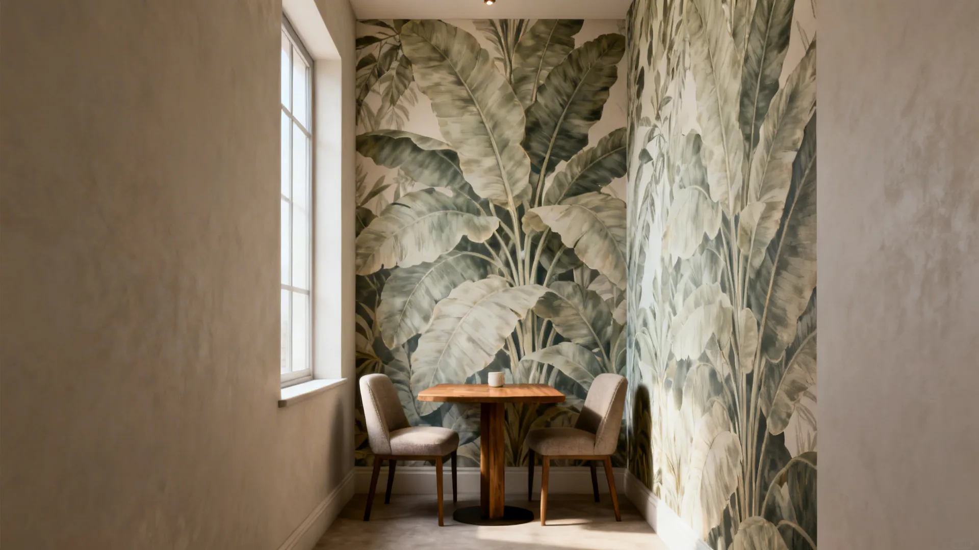 Narrow dining nook with a large-scale muted botanical wallpaper and wooden table for two.