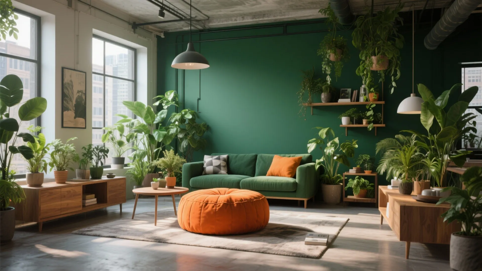 Industrial living room with green walls orange footrest many indoor plants and wooden interior design furniture