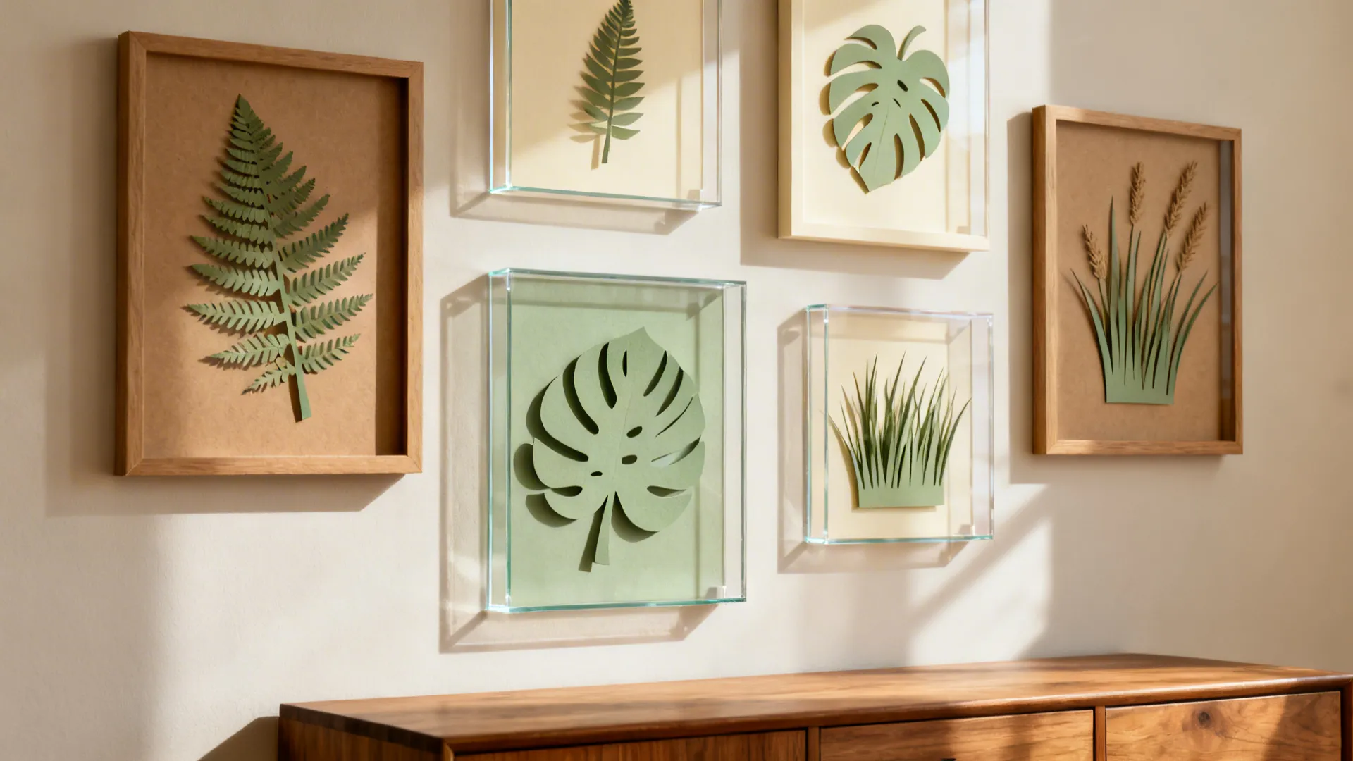 Gallery wall of framed botanical paper cutouts with shadow depth.