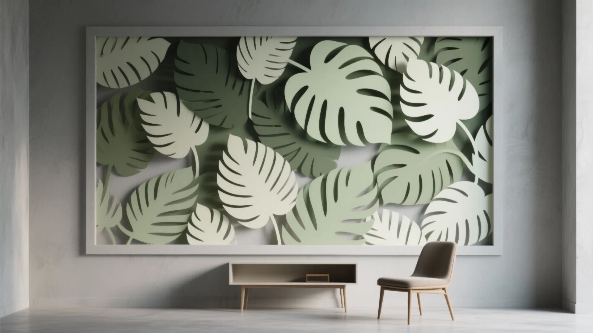 Large green leaf wall art behind a small wooden cabinet and a single grey chair