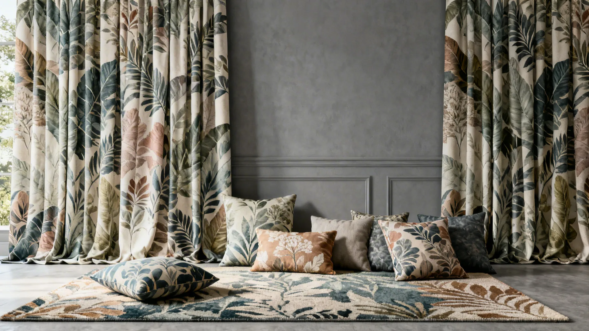 Botanical patterned curtains on grey walls with matching cushions and rug tying the palette together
