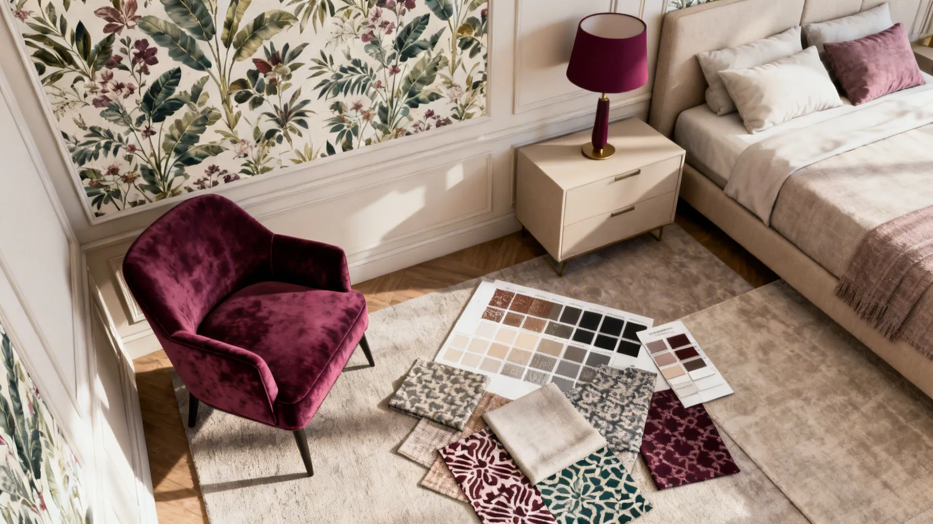 Botanical wallpaper sample with plum velvet chair and fabric swatches