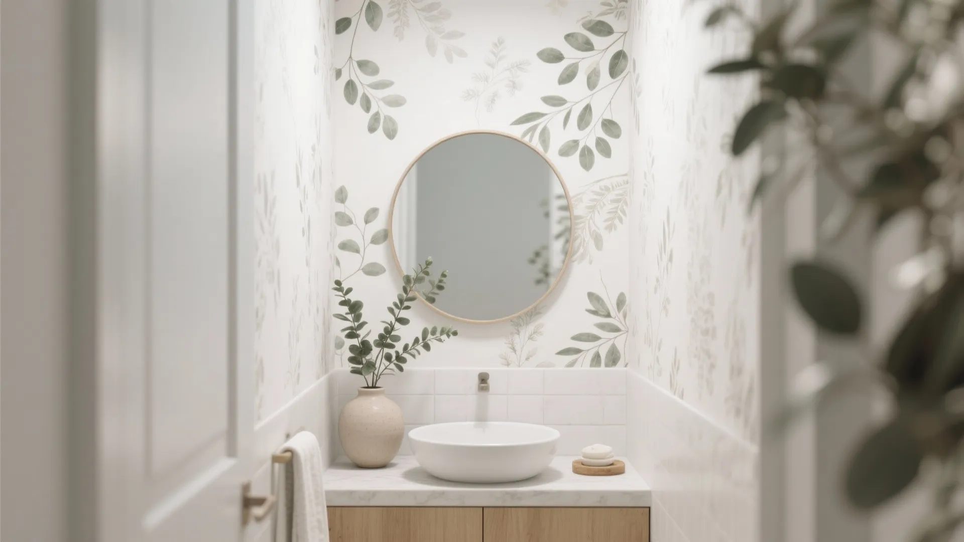 Small bathroom with botanical leaf wallpaper, round mirror, white bowl sink, and wooden cabinet storage