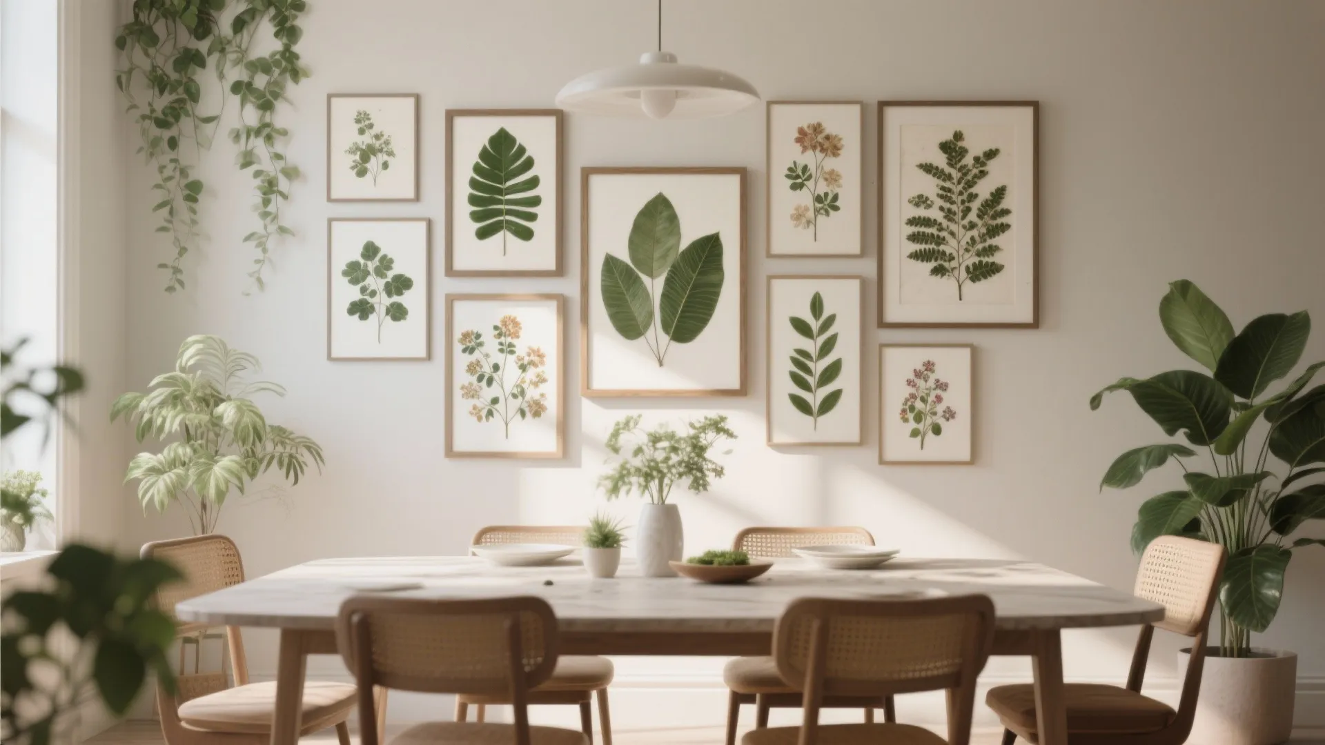Dining room area with wooden table, woven chairs, ceiling light, and gallery wall of botanical art