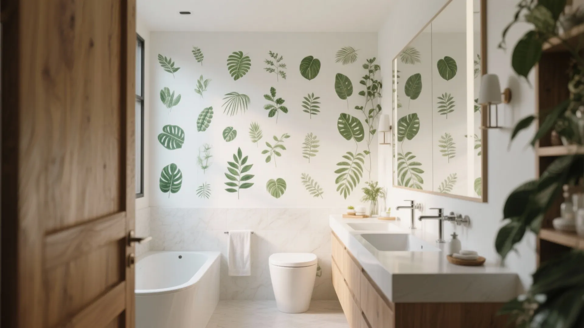 Bright bathroom with green leaf wall art and white bathtub and sink and wooden door
