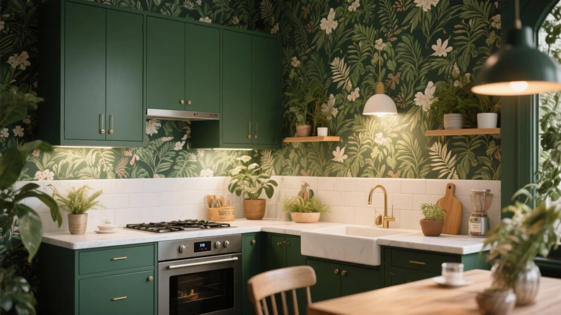 Green kitchen with leaf pattern wallpaper dark cabinets white tile wall and golden sink tap