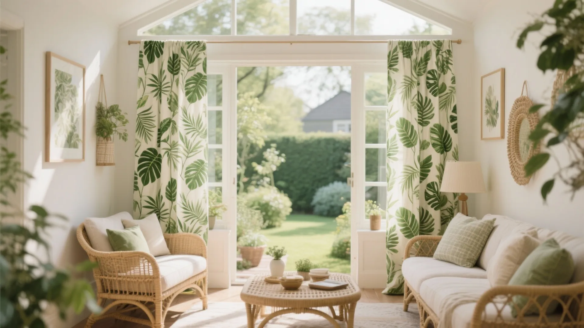 Living room with botanical printed curtains and garden view