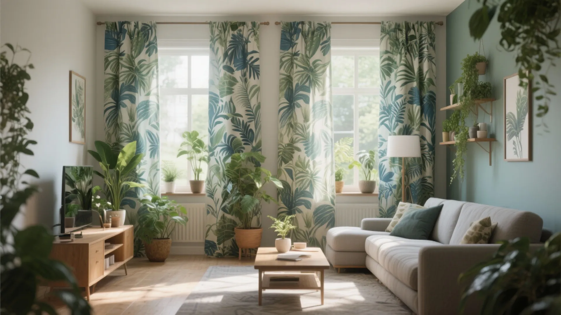 Bright living room with tropical leaf print curtains grey sofa coffee table and green plants