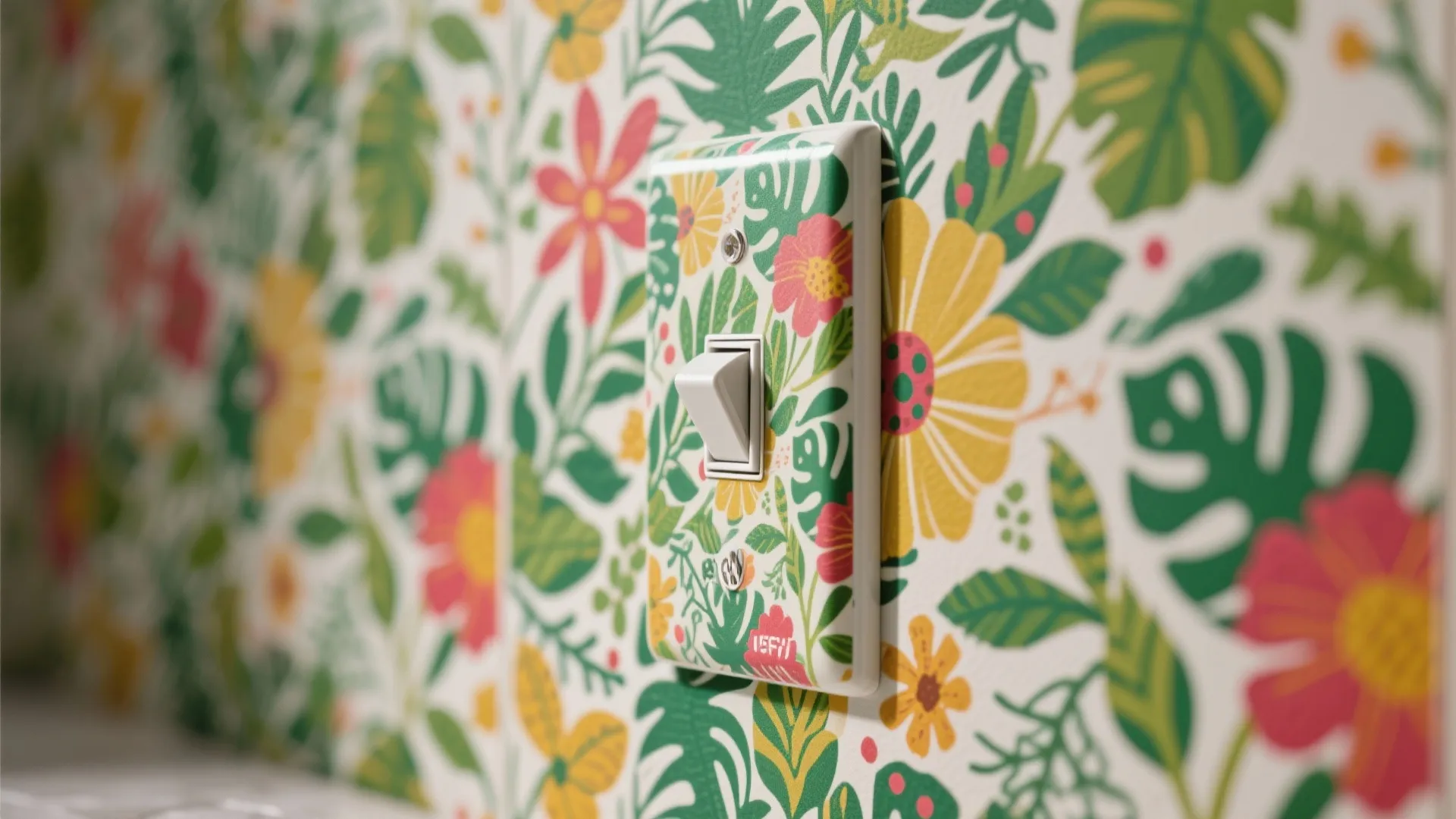 Light switch with colorful floral pattern matching the botanical wallpaper design in a bright room
