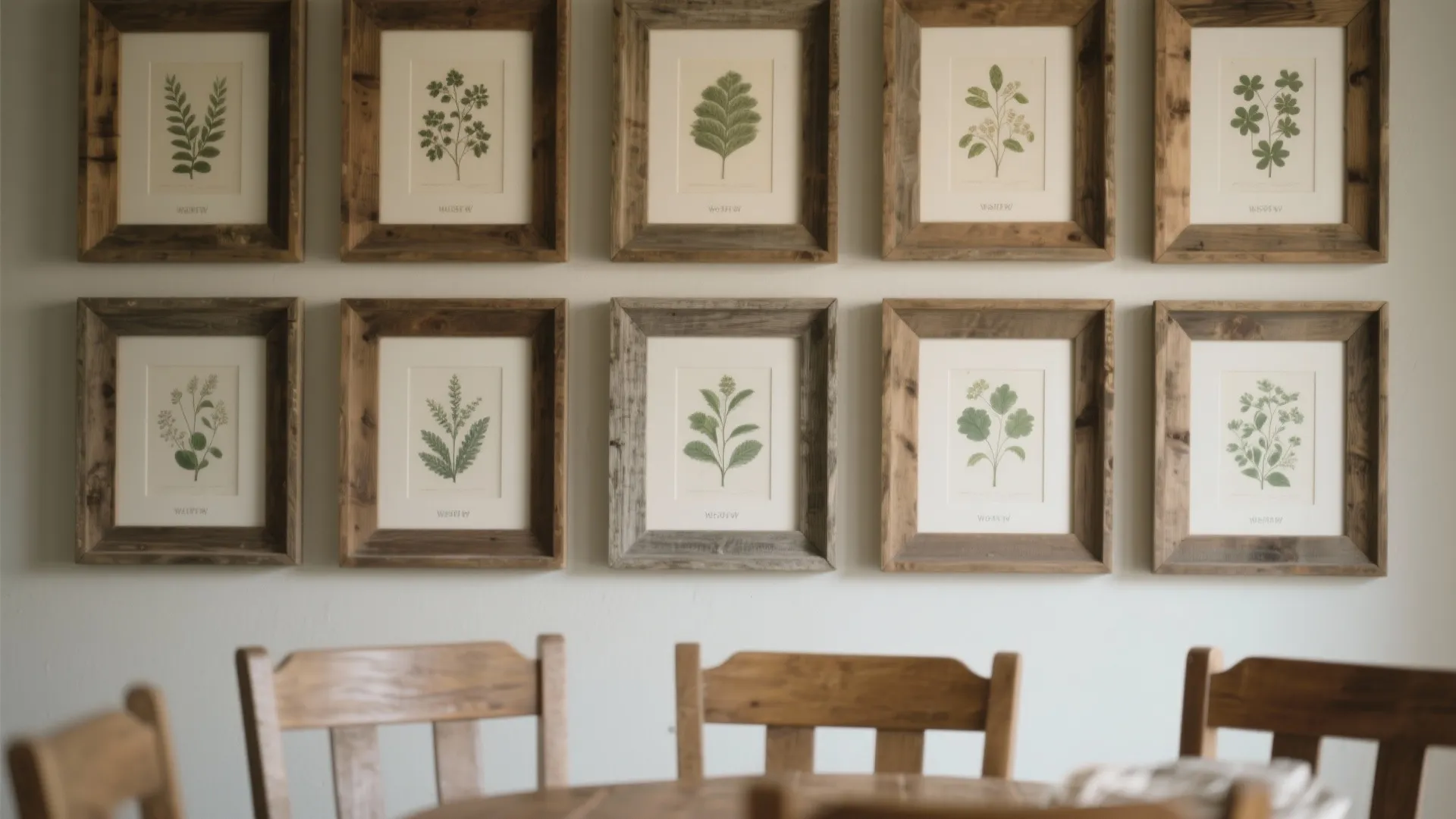Wall gallery showing ten framed botanical plant prints in wooden frames above a dining area