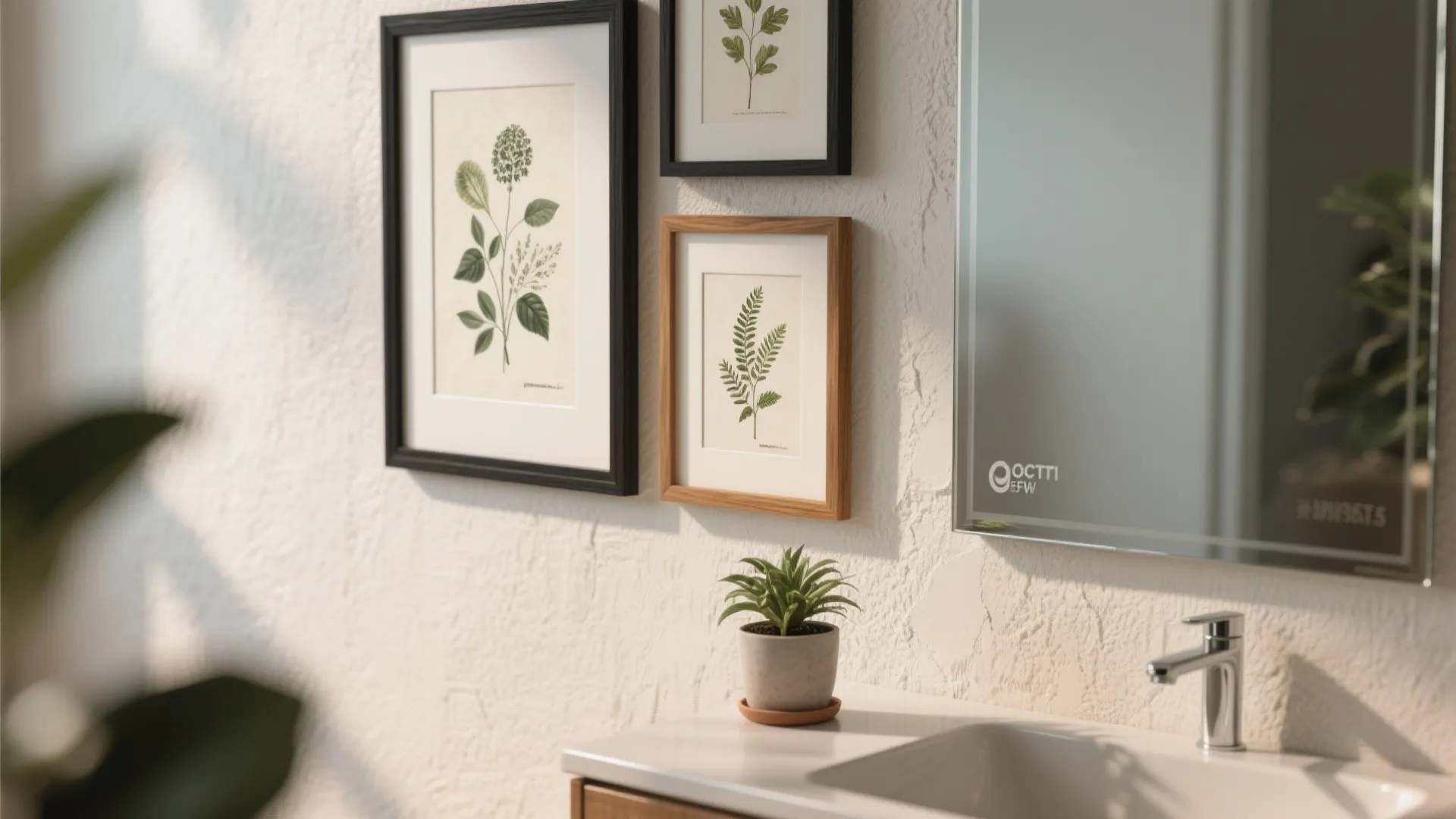 White bathroom wall decorated with three botanical leaf prints in black and wood picture frames